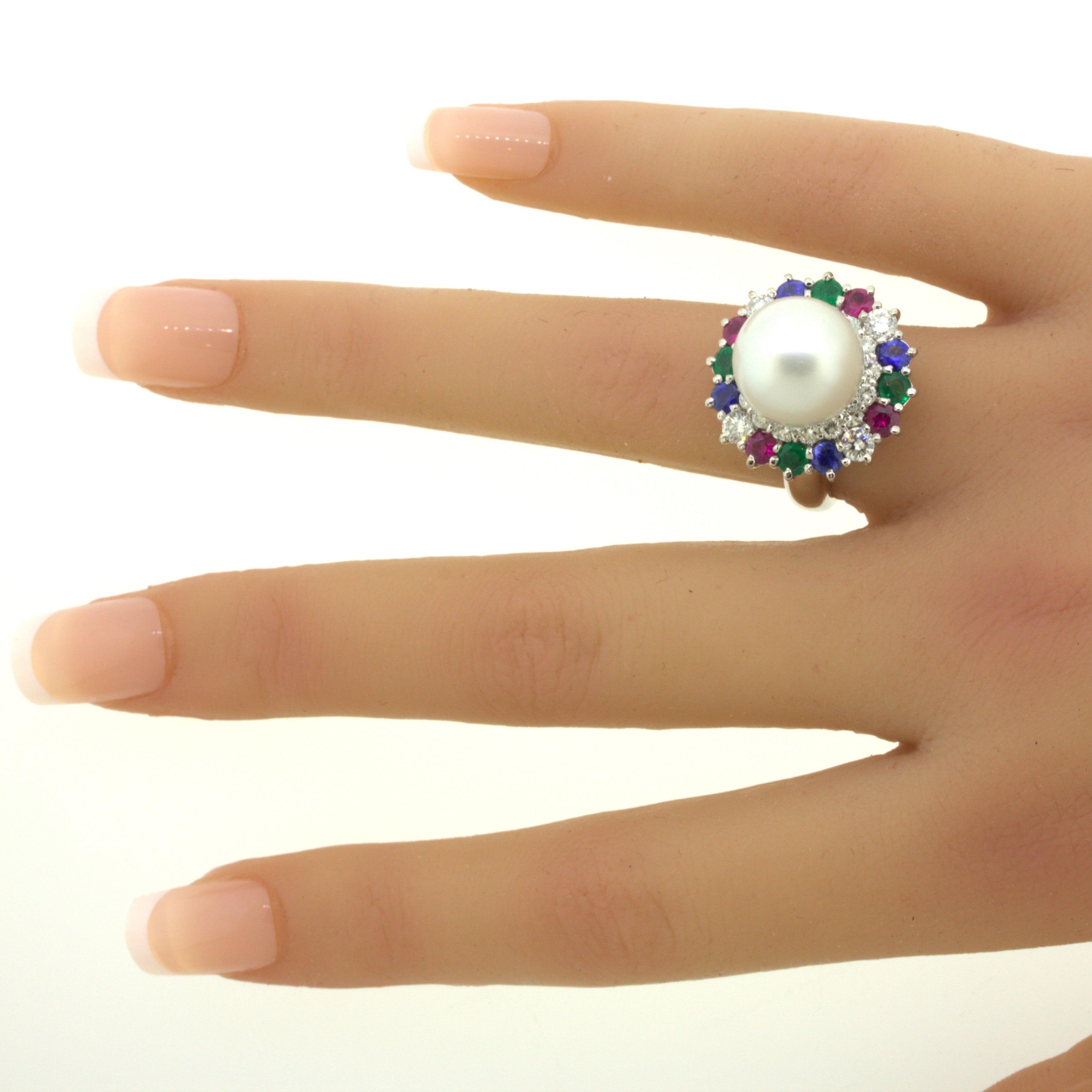 South Sea Pearl Diamond Ruby Sapphire Emerald Platinum Ring