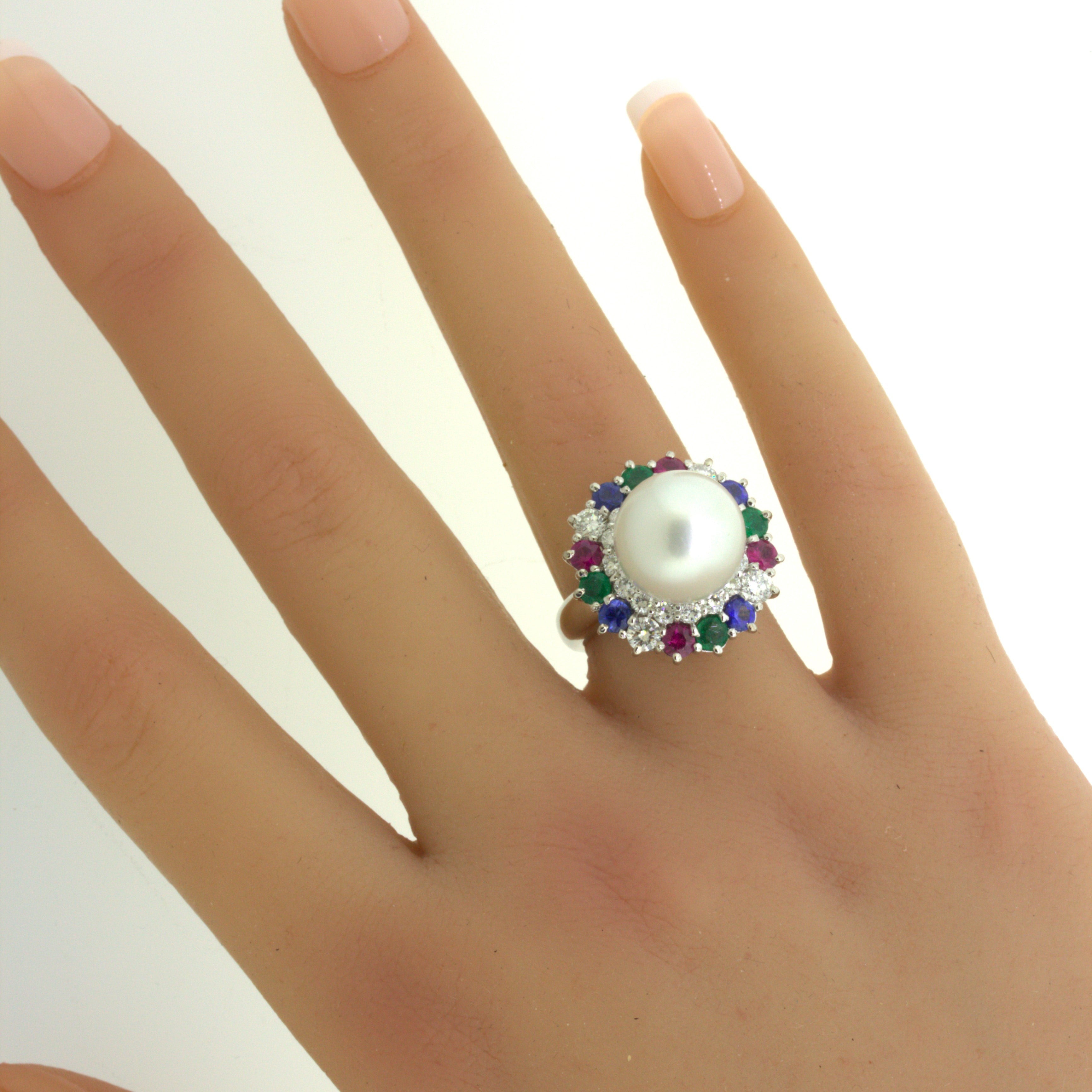 South Sea Pearl Diamond Ruby Sapphire Emerald Platinum Ring