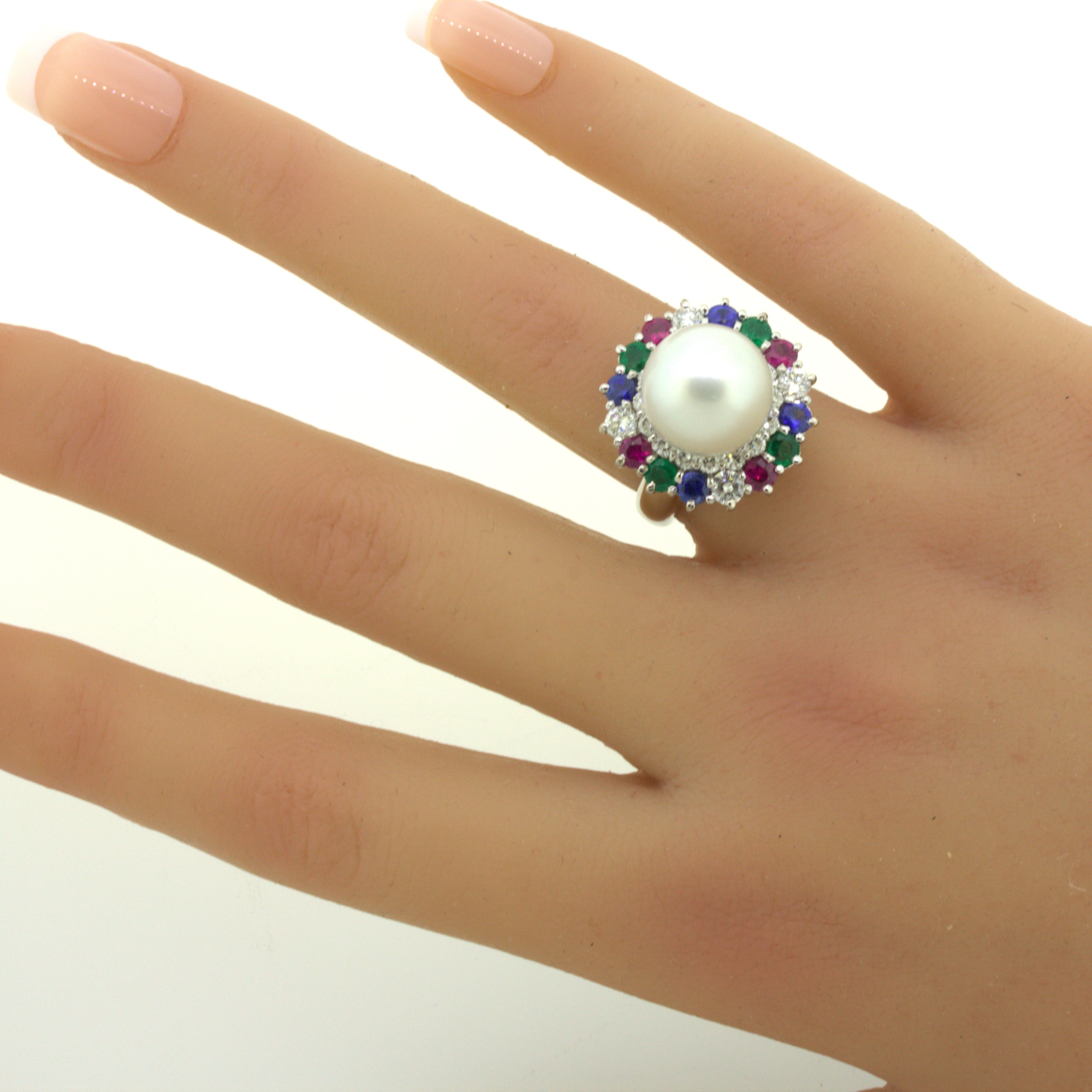 South Sea Pearl Diamond Ruby Sapphire Emerald Platinum Ring