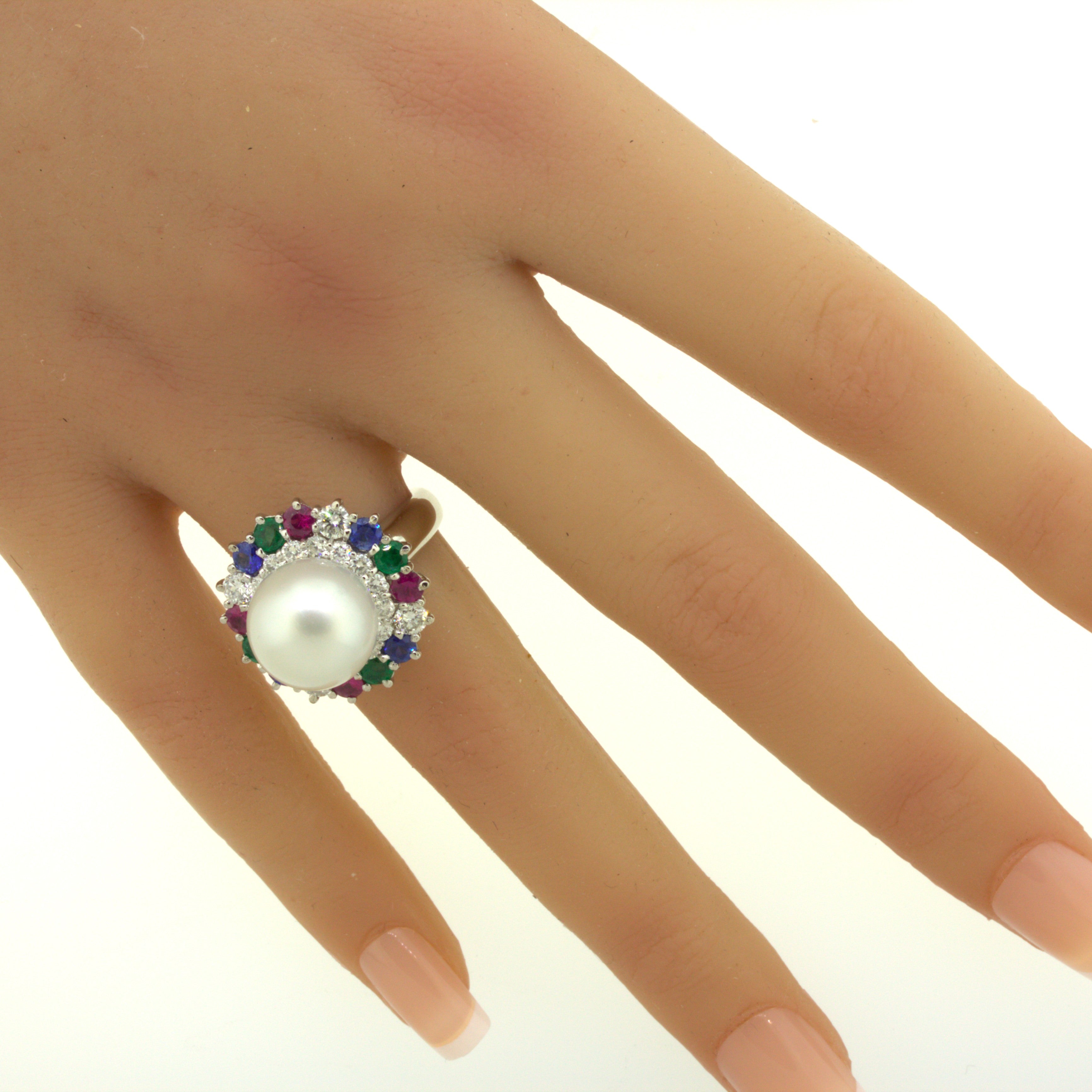 South Sea Pearl Diamond Ruby Sapphire Emerald Platinum Ring