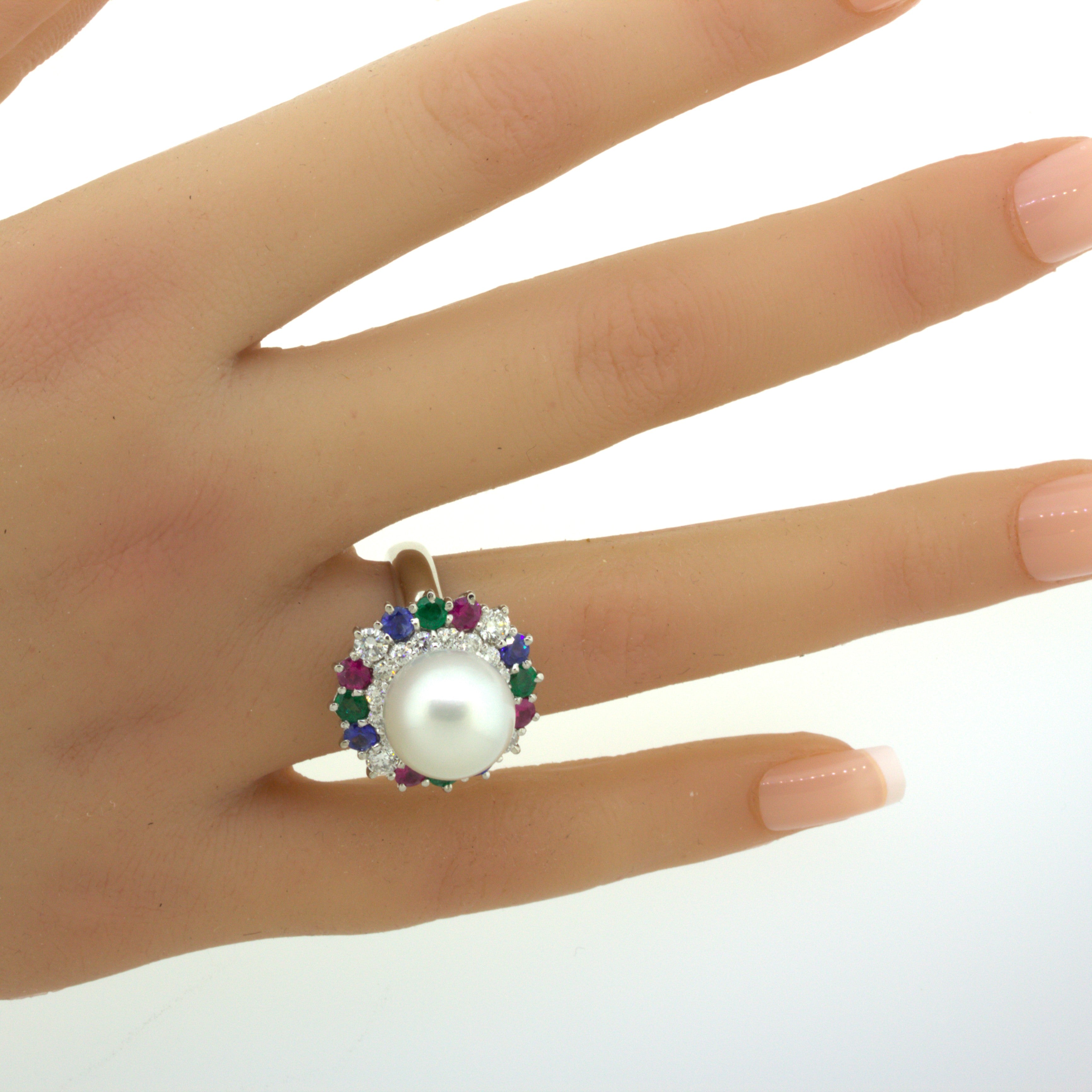 South Sea Pearl Diamond Ruby Sapphire Emerald Platinum Ring