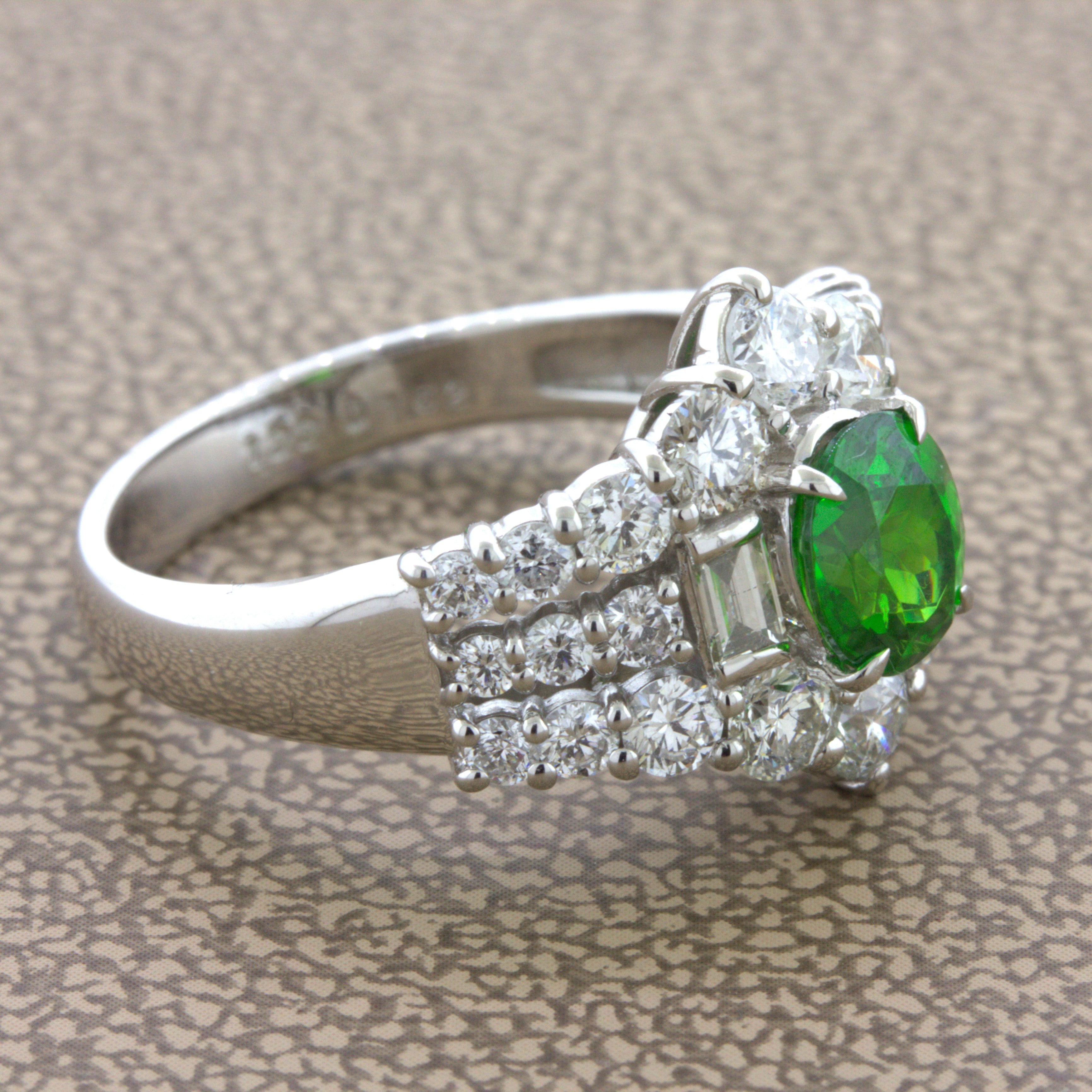 1.22 Carat Russian Demantoid Garnet Diamond Platinum Ring, AGL Certified