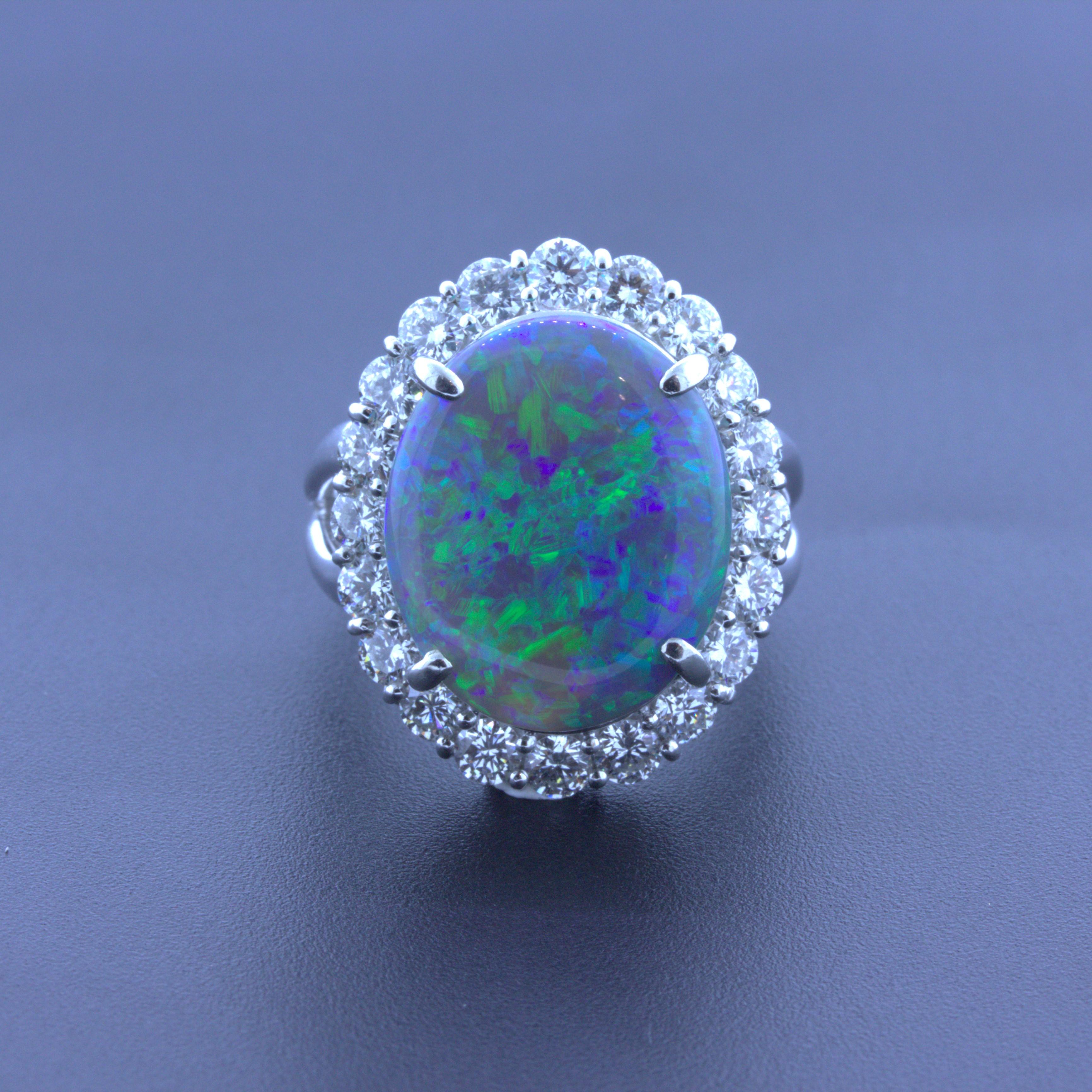 10.18 Carat Australian Black Opal Diamond Halo Platinum Ring