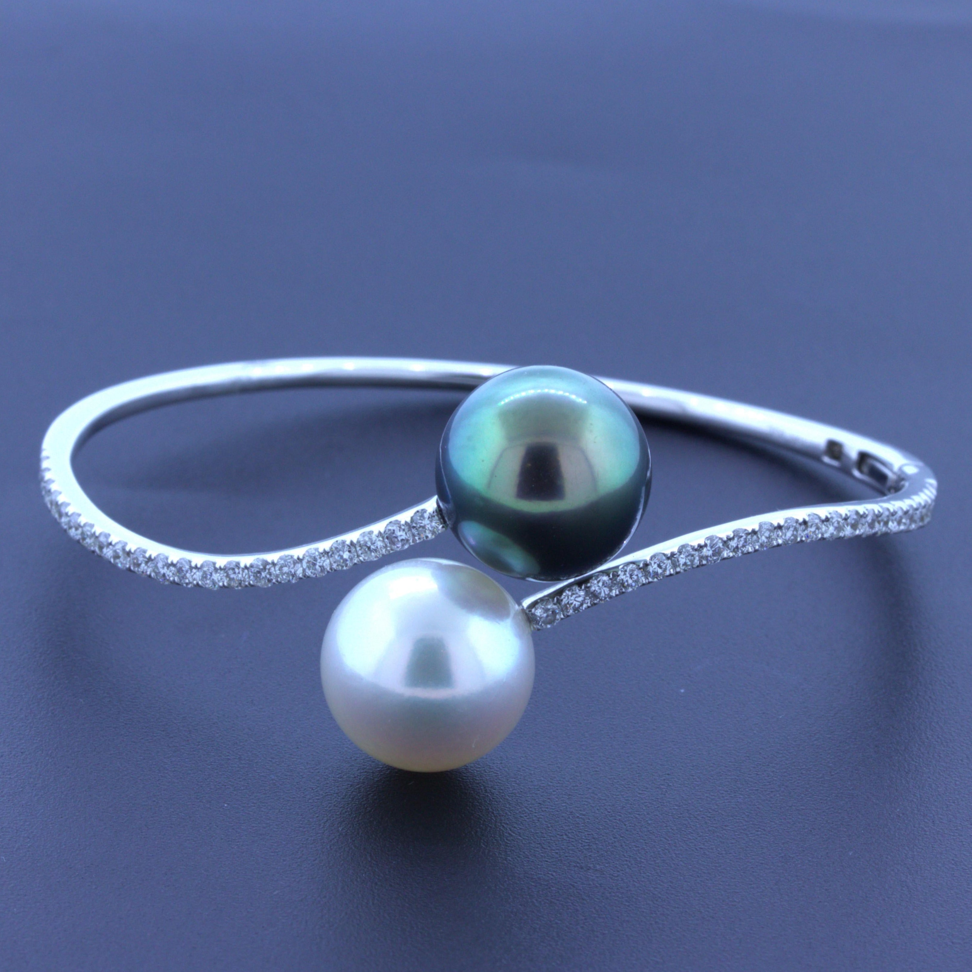 13.5mm South Sea & Tahitian Pearl Diamond 18k White Gold Bangle Bracelet