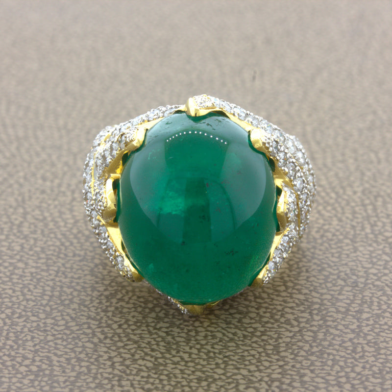 26.67 Carat Colombian Emerald Diamond 18K Yellow Gold Cocktail Ring, AGL Cert.