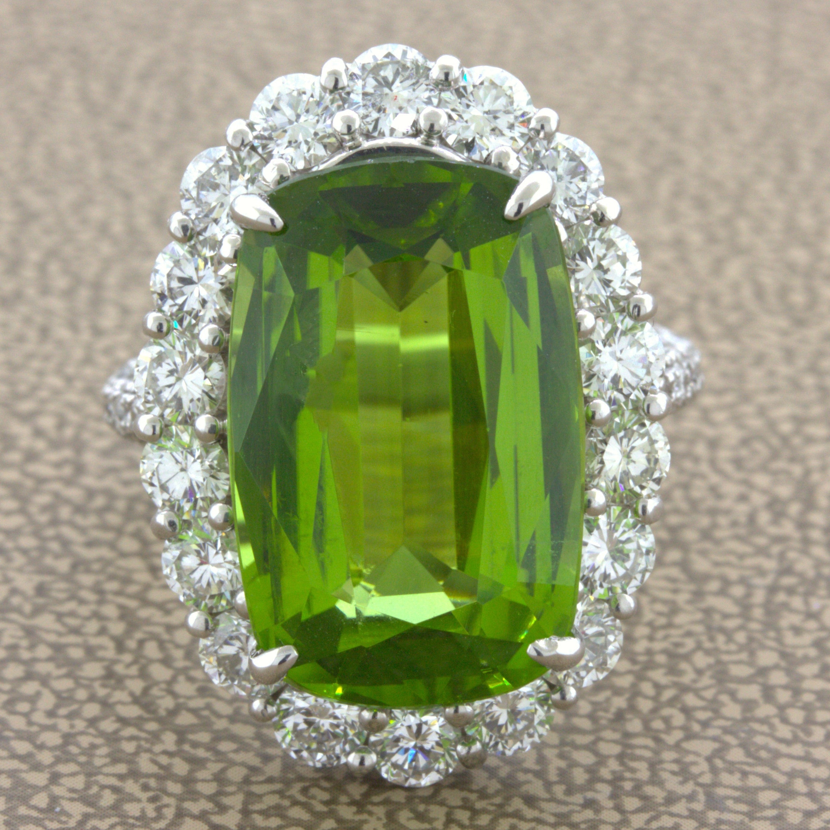 11.52 Carat Peridot Diamond Halo Platinum Ring
