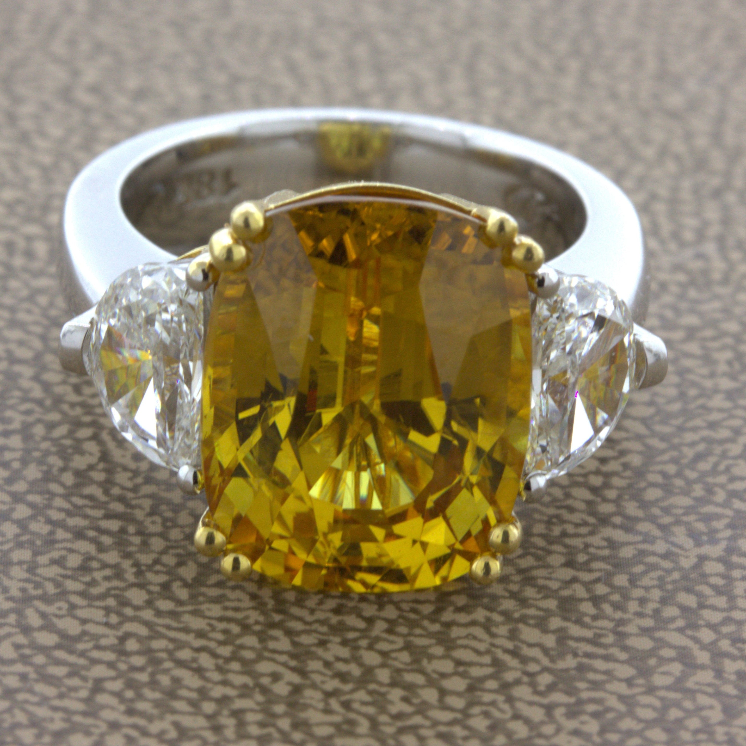 12.35 Carat Fancy Yellow Sapphire Diamond 18K White Gold 3-Stone Ring