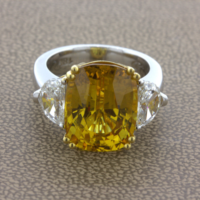 12.35 Carat Fancy Yellow Sapphire Diamond 18K White Gold 3-Stone Ring –  jeweleretteandco