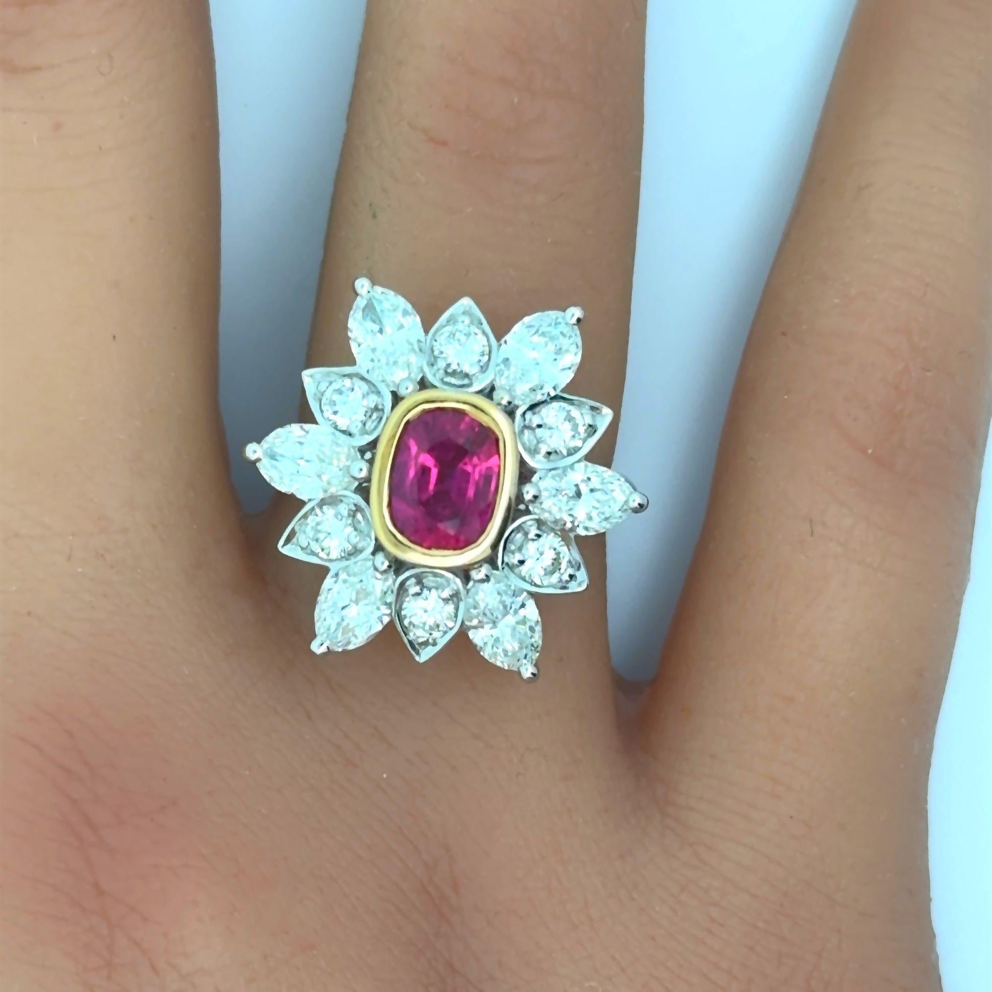 1.85 Carat Ruby Diamond Sunburst 18K White Gold Ring, AGL Certified