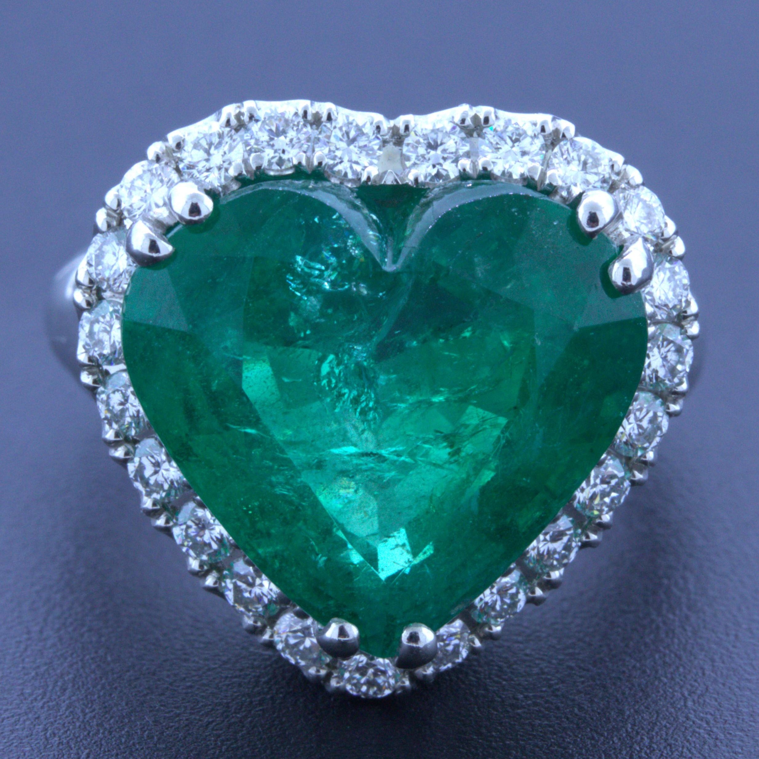 10.40 Carat Colombian Emerald Heart-Shape Diamond Platinum Ring, AGL Certified