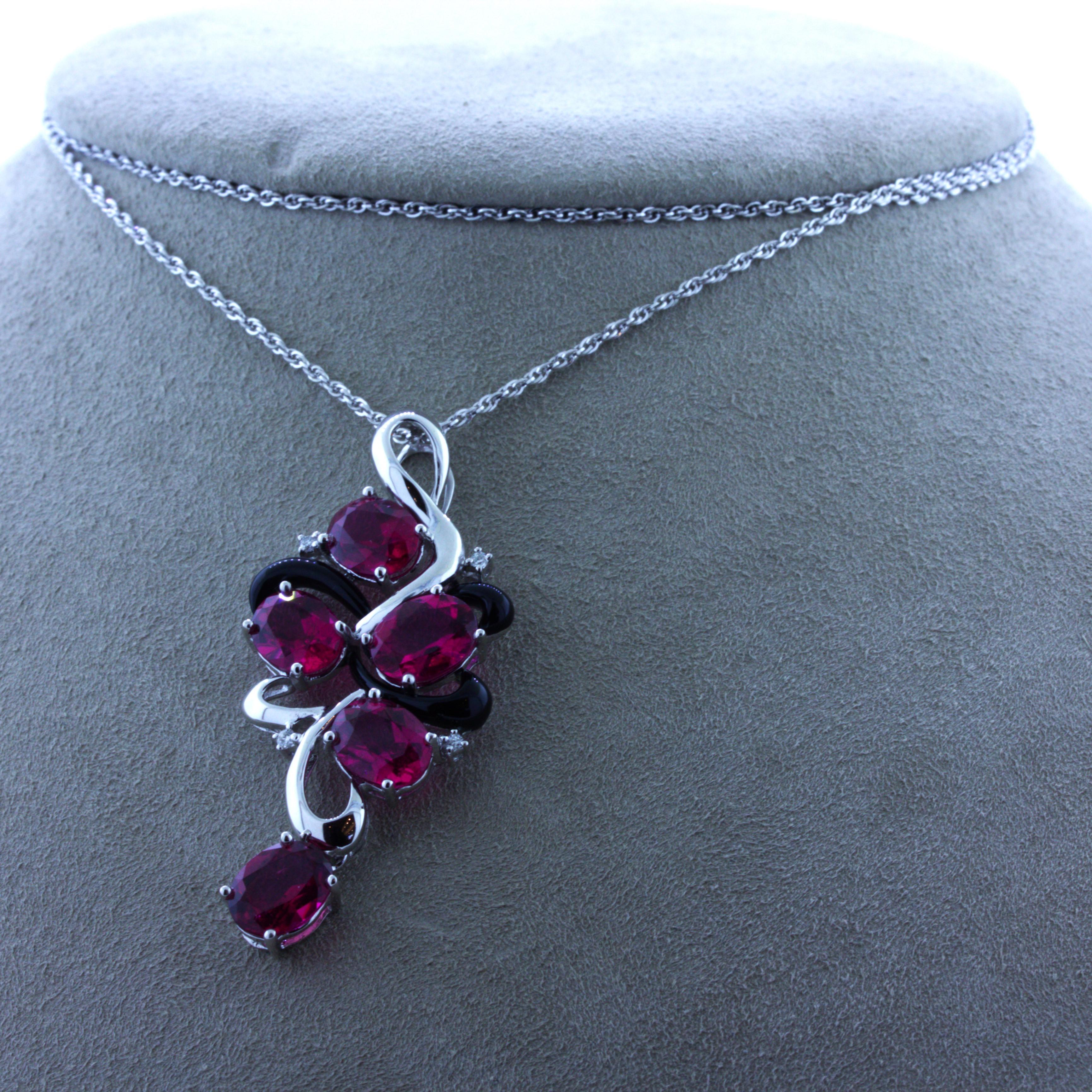 Rubellite Tourmaline Diamond Enamel 18k White Gold Pendant