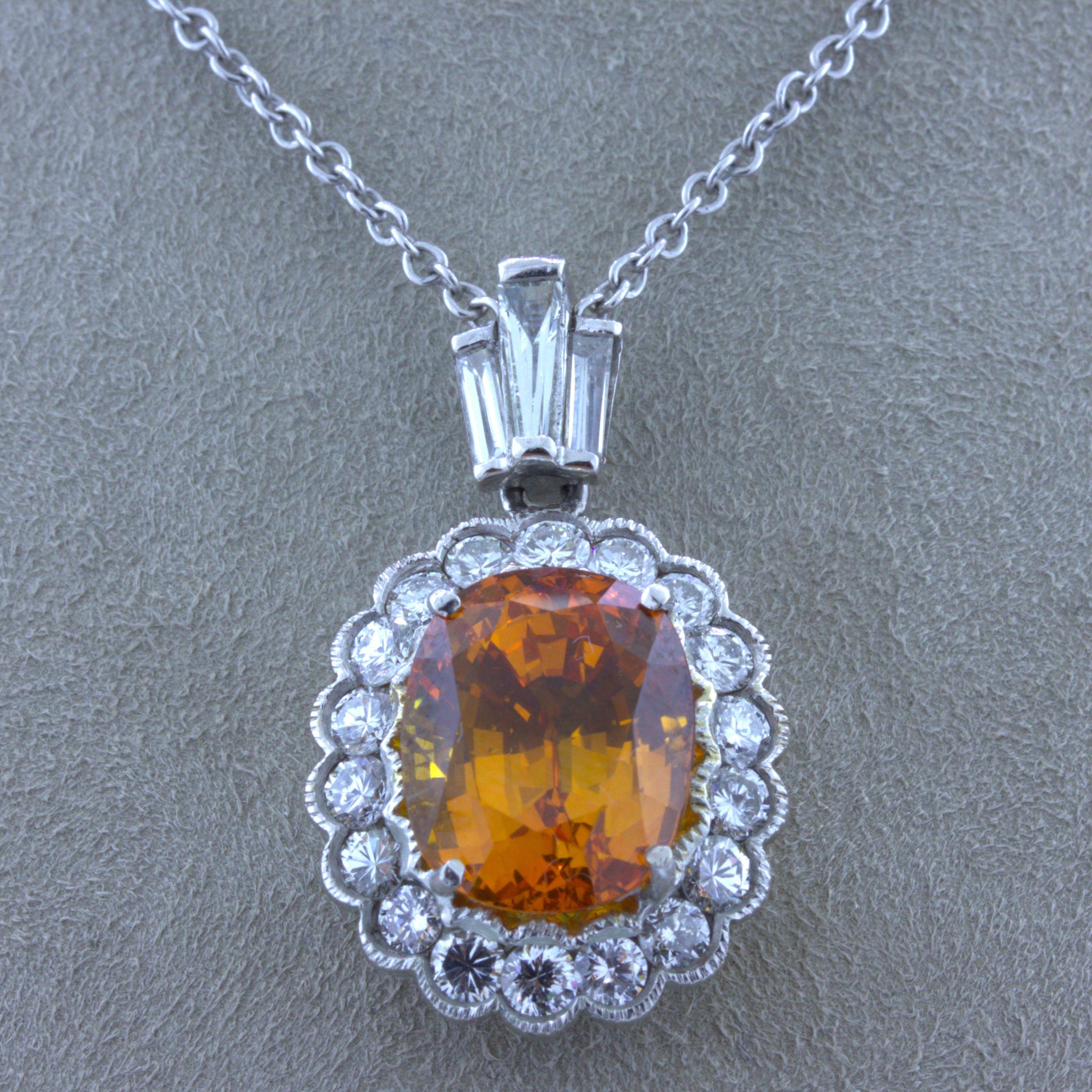 9.21 Carat Orange Sapphire Diamond 14k White Gold Drop Pendant, GIA Certified