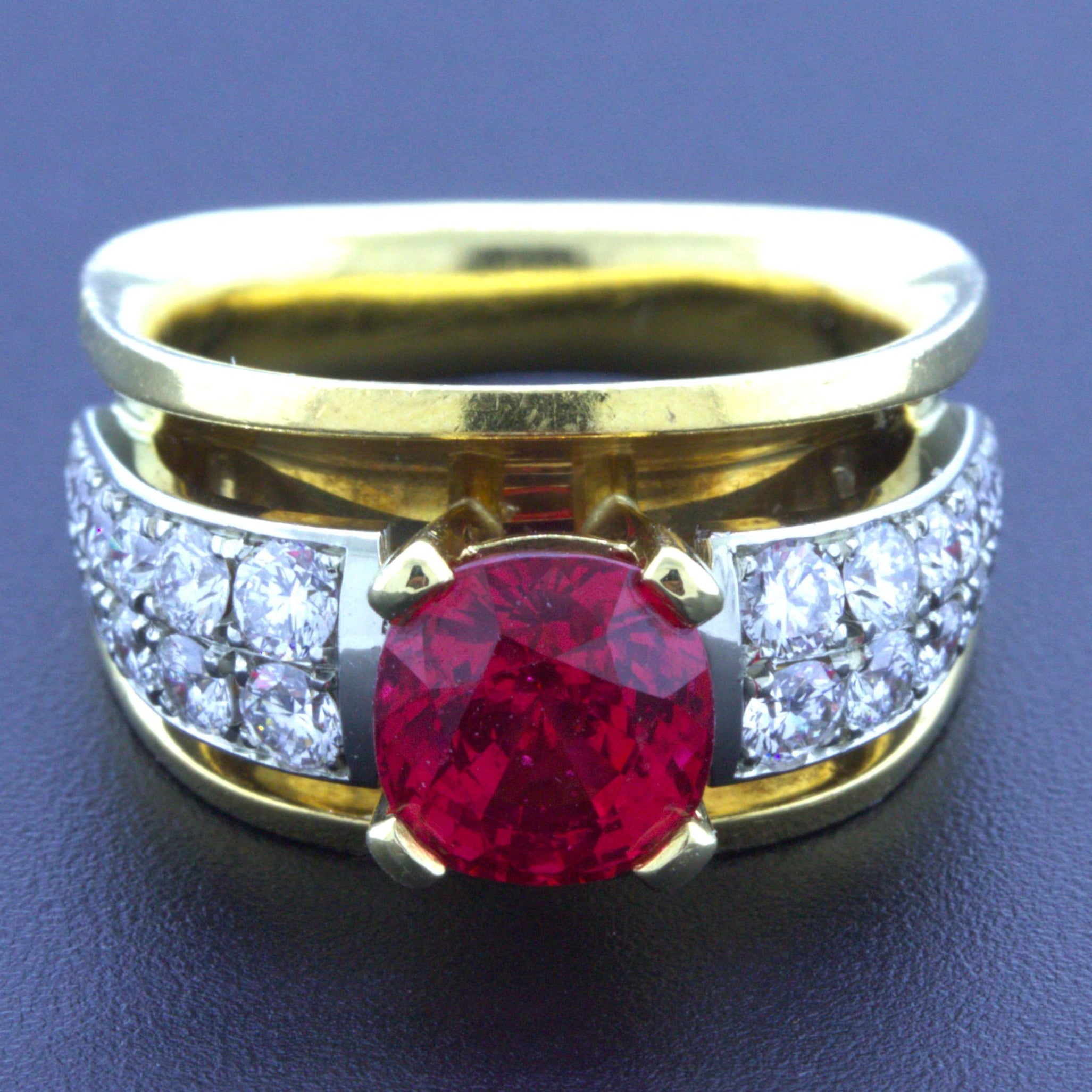 Exceptional 2.28 Carat Burmese Red Spinel Diamond 18K Yellow Gold Ring, GIA Cert