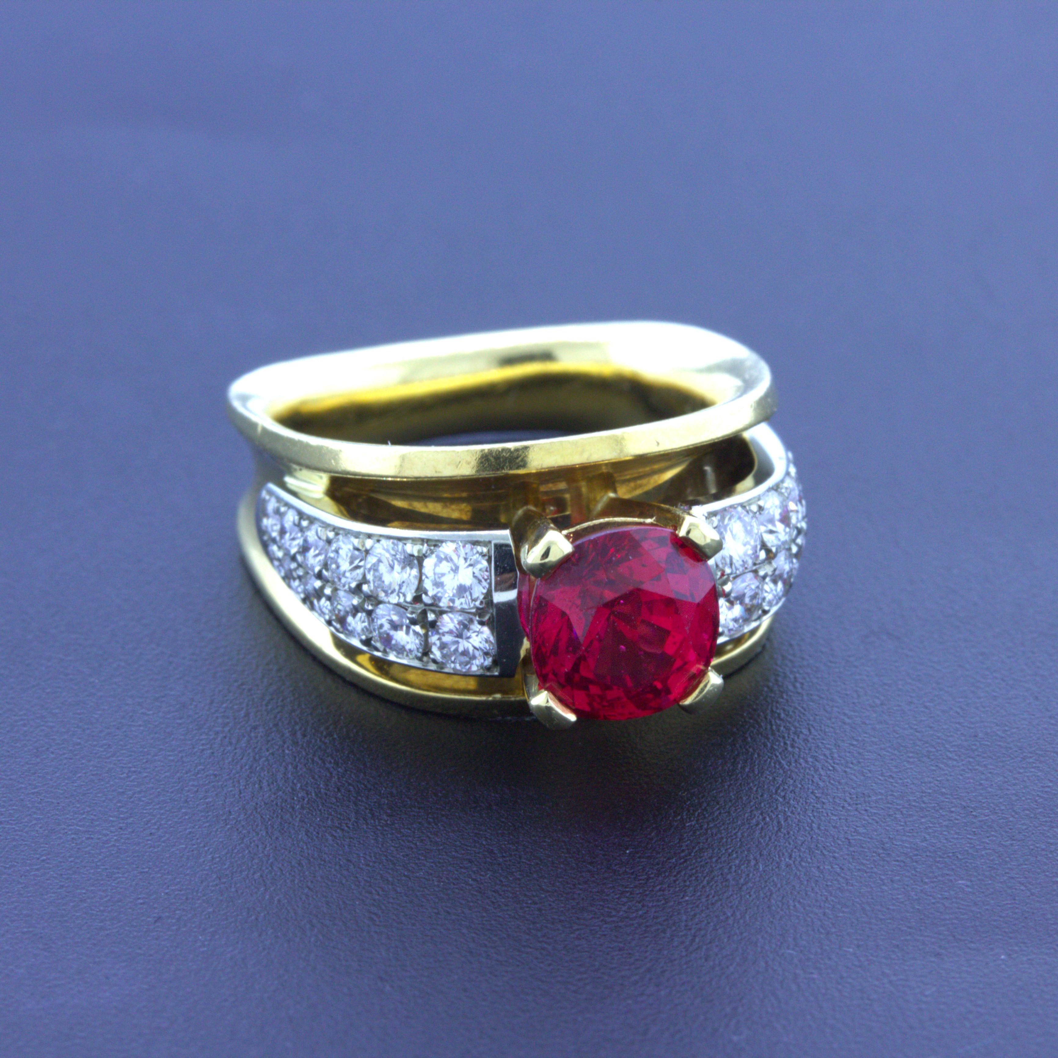 Exceptional 2.28 Carat Burmese Red Spinel Diamond 18K Yellow Gold Ring, GIA Cert