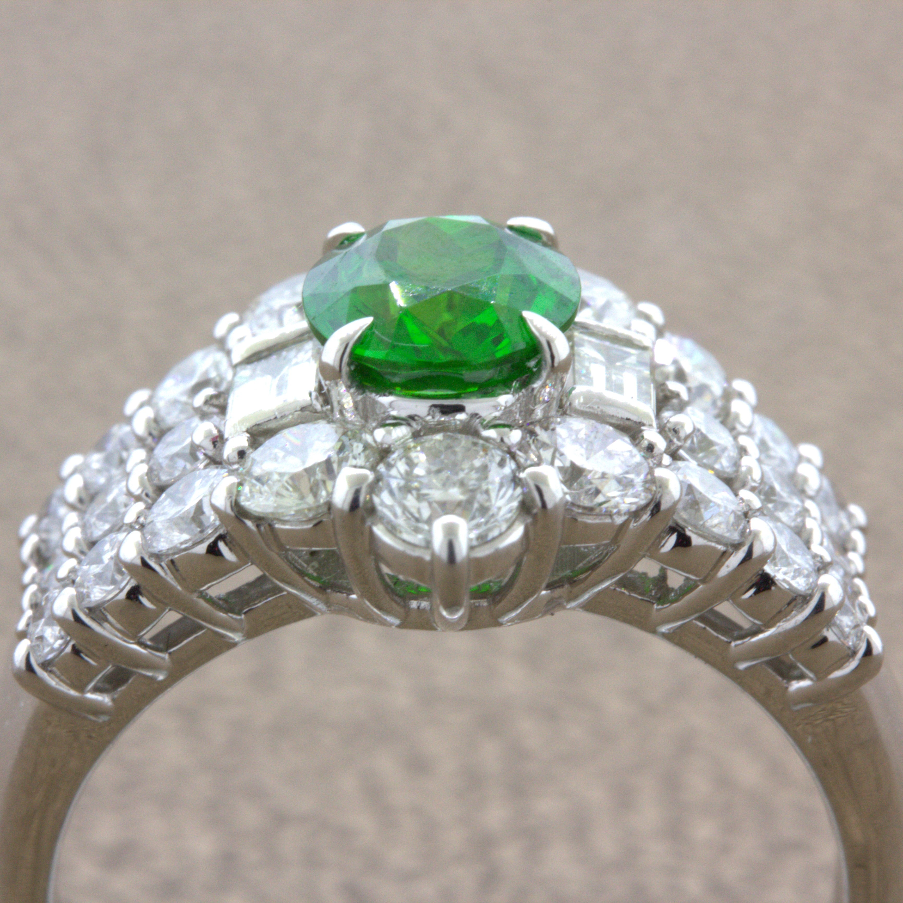 1.22 Carat Russian Demantoid Garnet Diamond Platinum Ring, AGL Certified