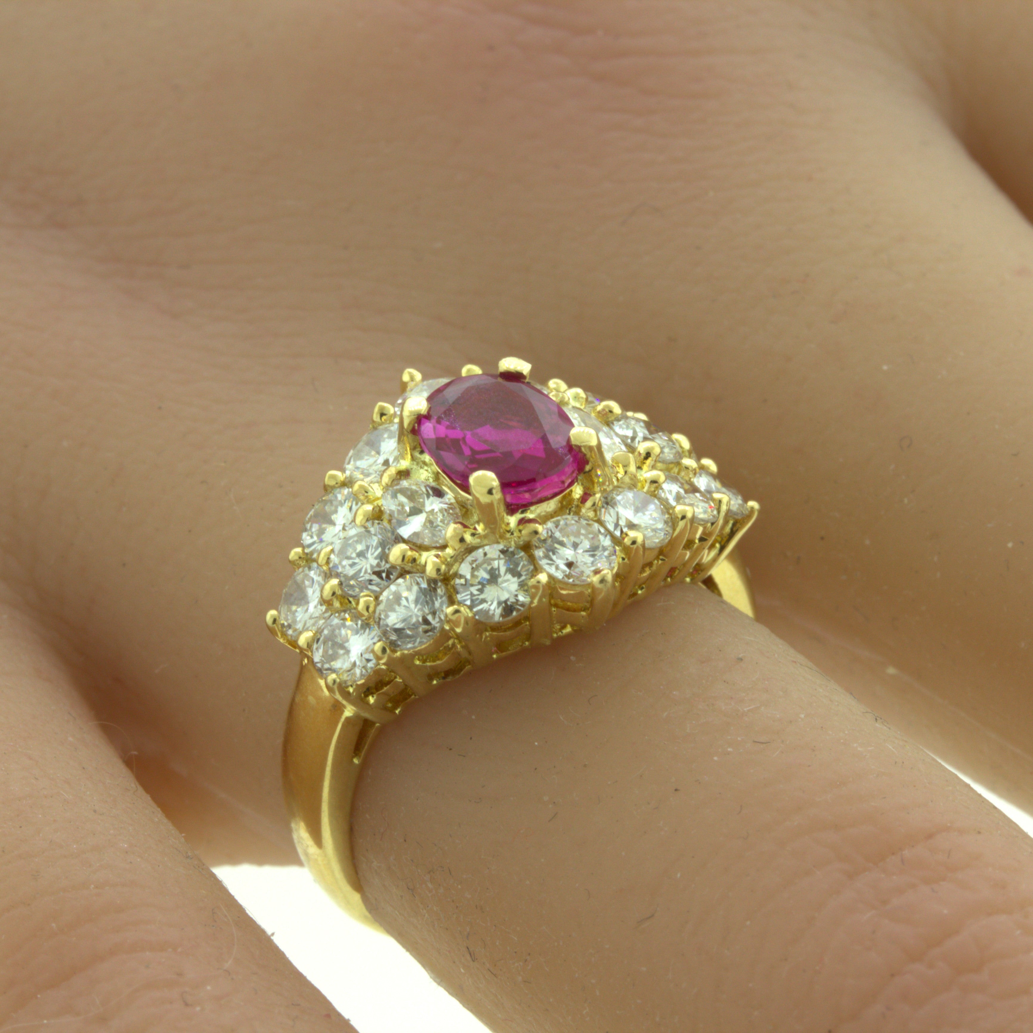 1.09 Carat Burma No-Heat Ruby Diamond 18K Yellow Gold Ring, GIA Certified