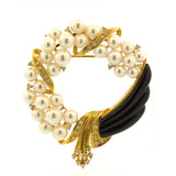 Akoya Pearl Diamond Onyx 18k Yellow Gold Wreath Brooch