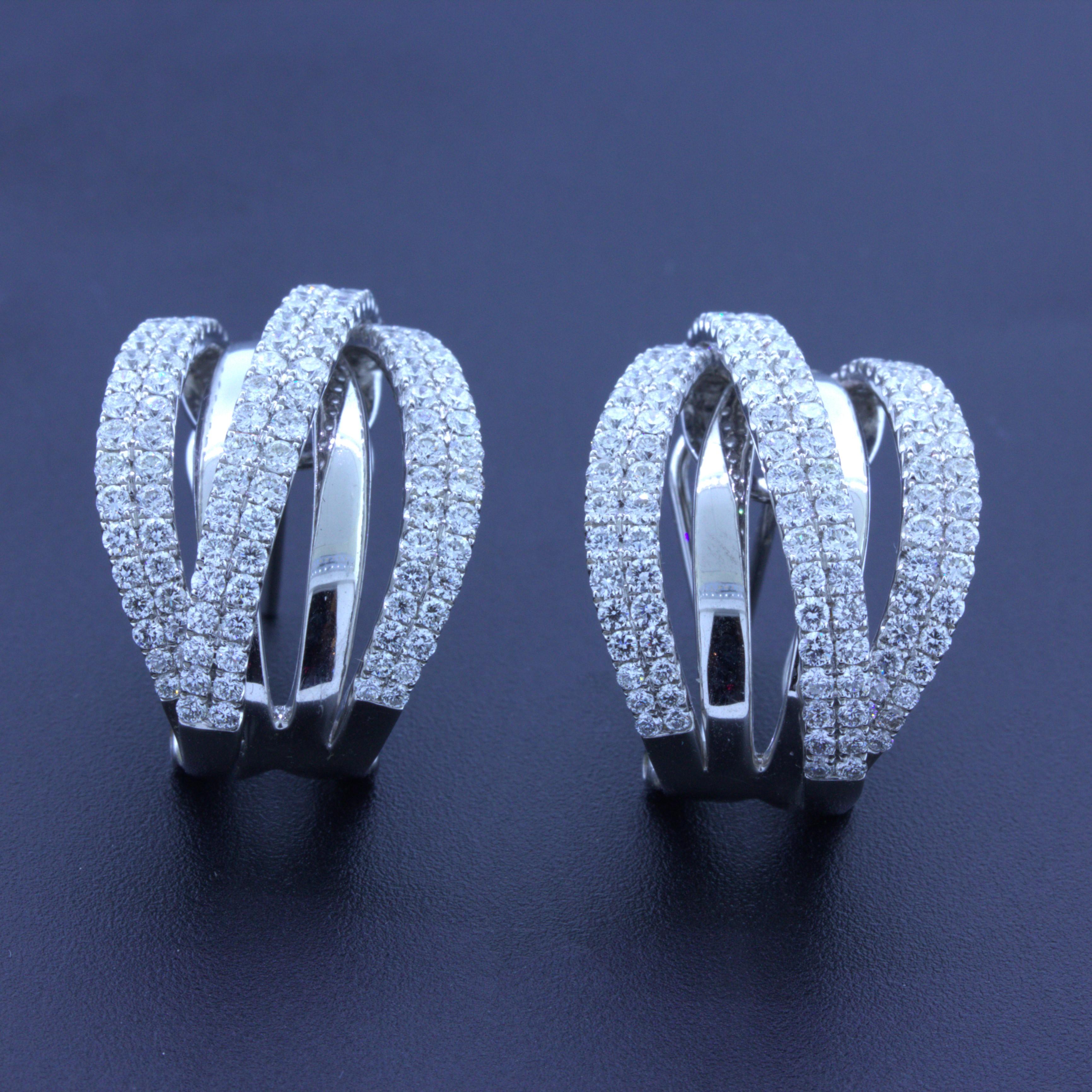 Diamond Multi-Row 18k White Gold Huggie Earrings