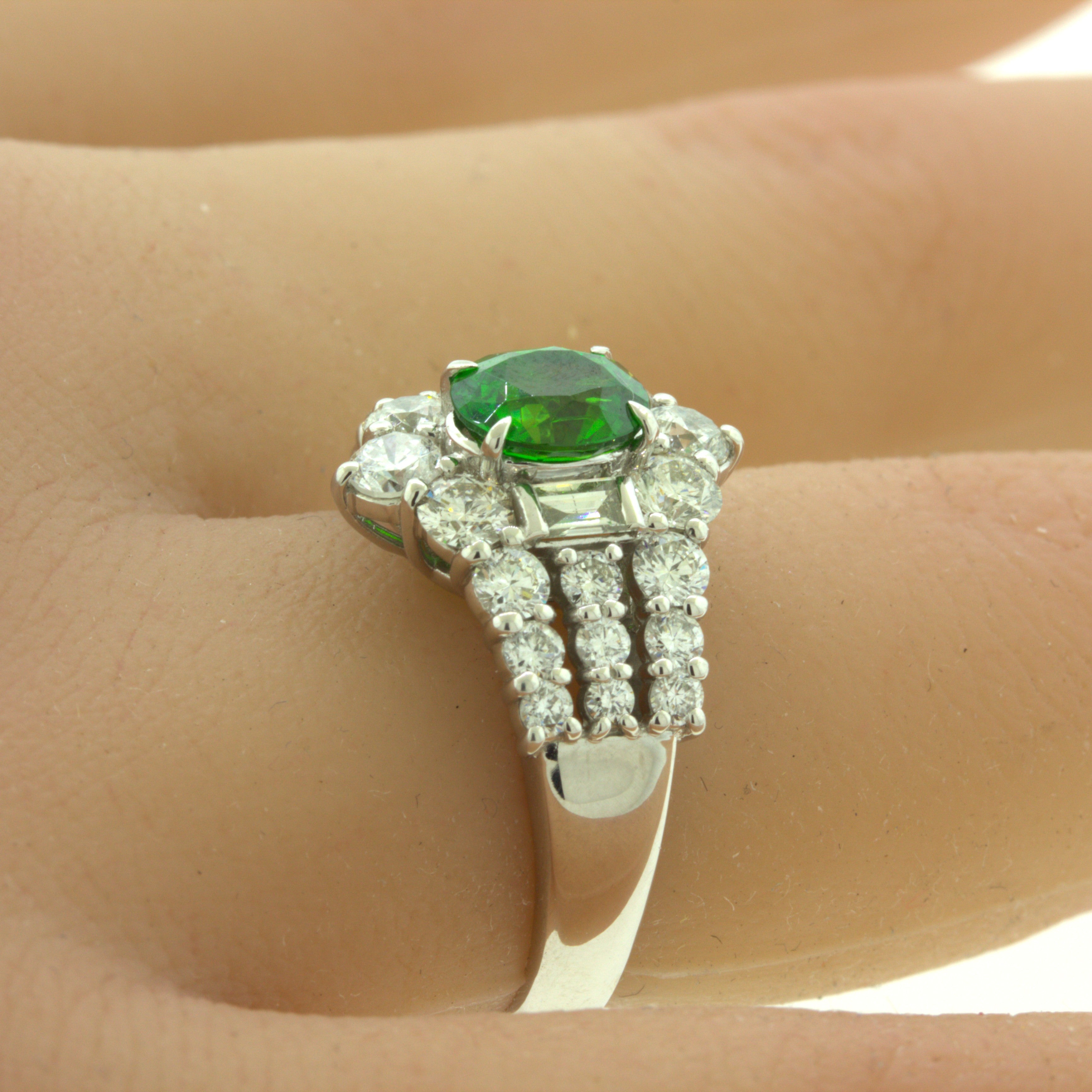 1.22 Carat Russian Demantoid Garnet Diamond Platinum Ring, AGL Certified