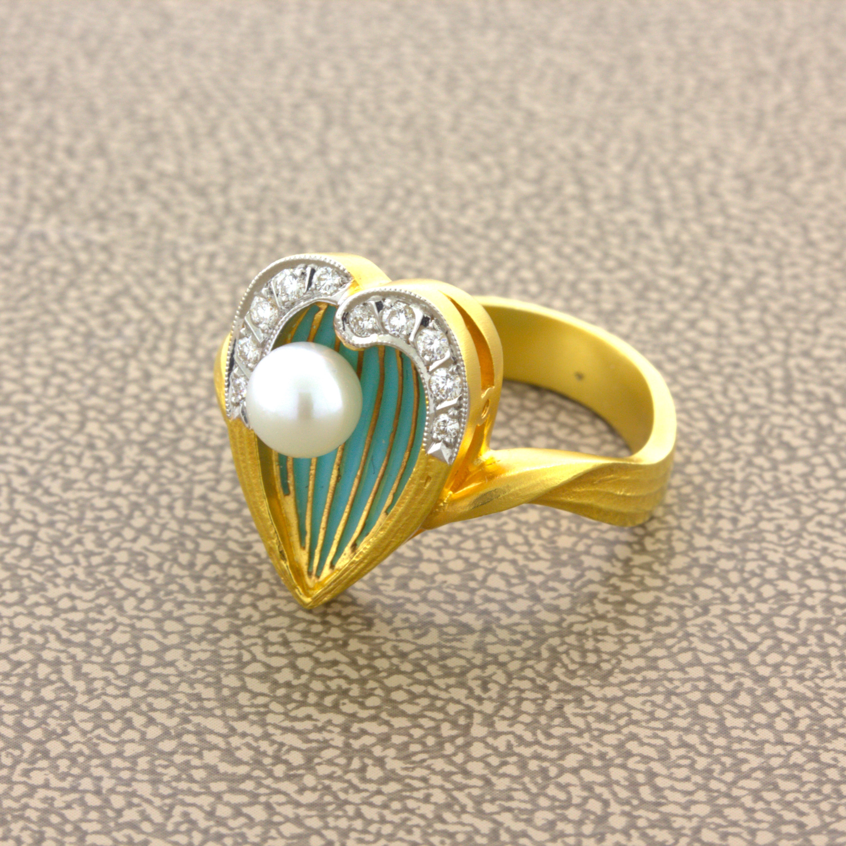 Masriera Diamond Pliqué-a-Jour Enamel Pearl 18K Yellow Gold Ring