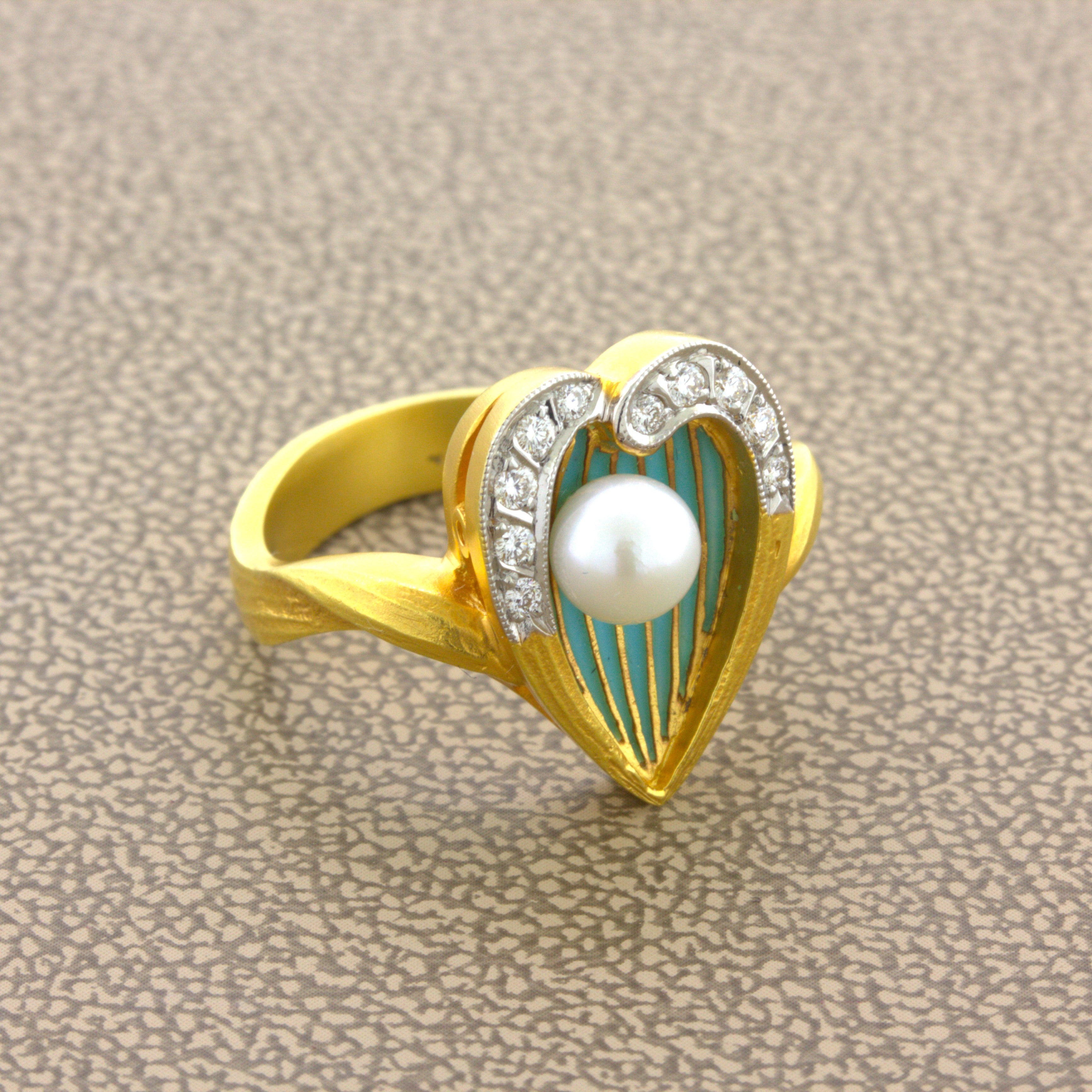 Masriera Diamond Pliqué-a-Jour Enamel Pearl 18K Yellow Gold Ring