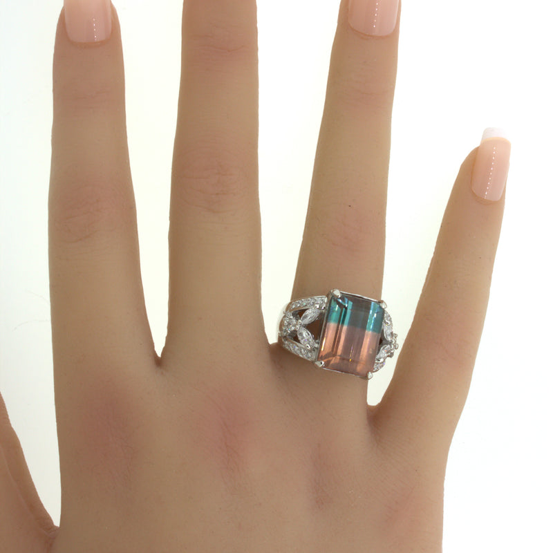 Bi-Color Tourmaline Diamond Platinum Floral Ring