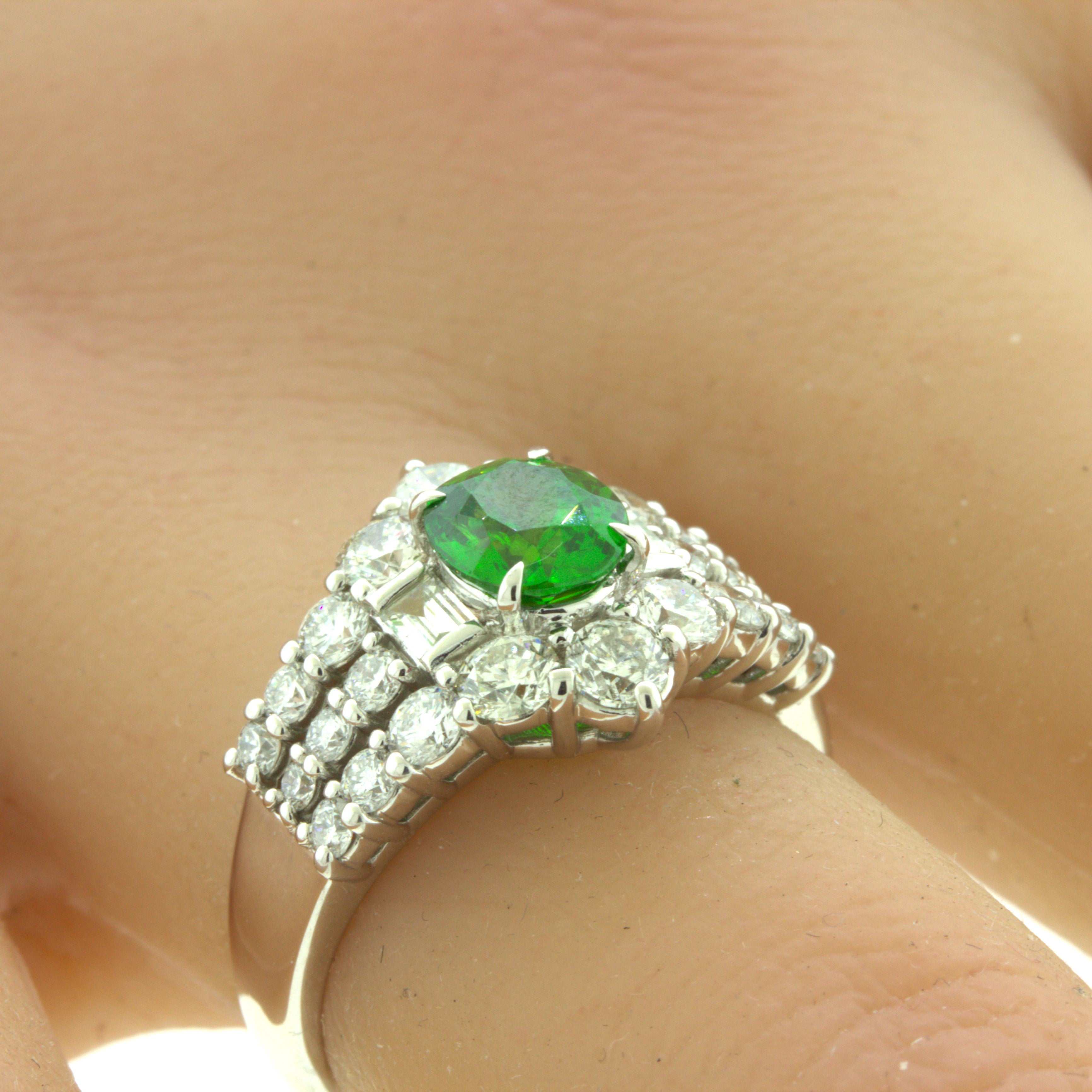 1.22 Carat Russian Demantoid Garnet Diamond Platinum Ring, AGL Certified