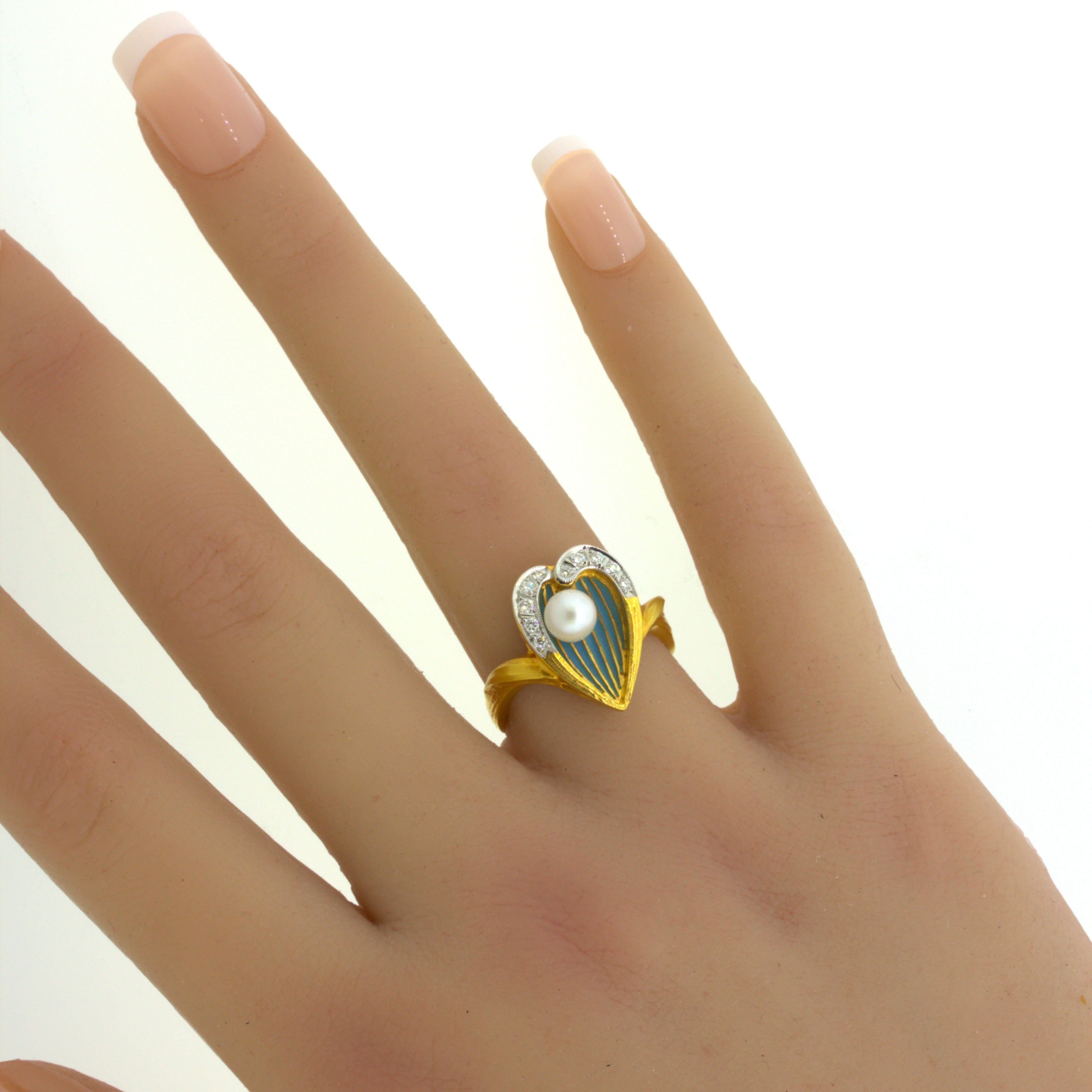 Masriera Diamond Pliqué-a-Jour Enamel Pearl 18K Yellow Gold Ring