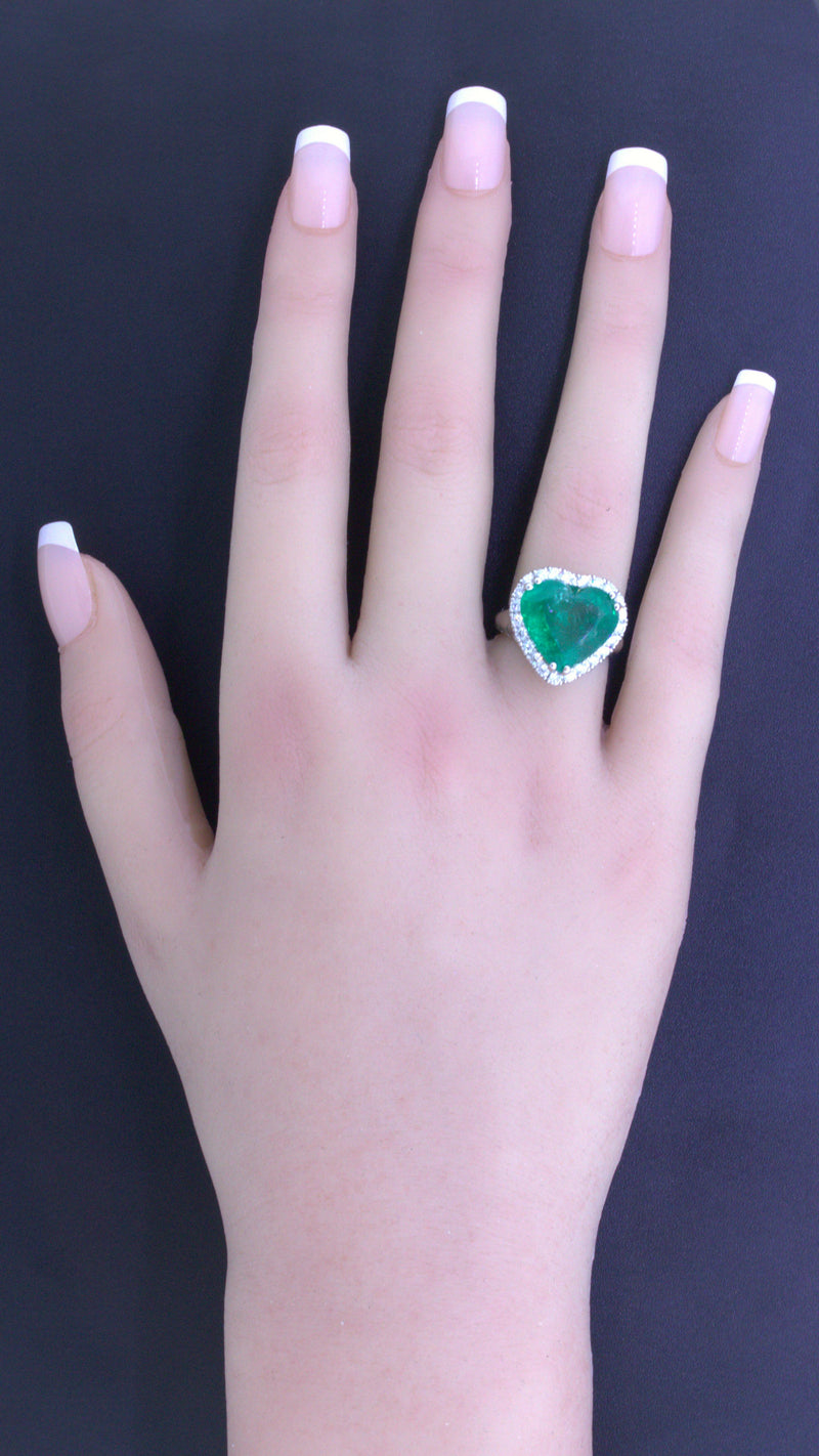 10.40 Carat Colombian Emerald Heart-Shape Diamond Platinum Ring, AGL Certified