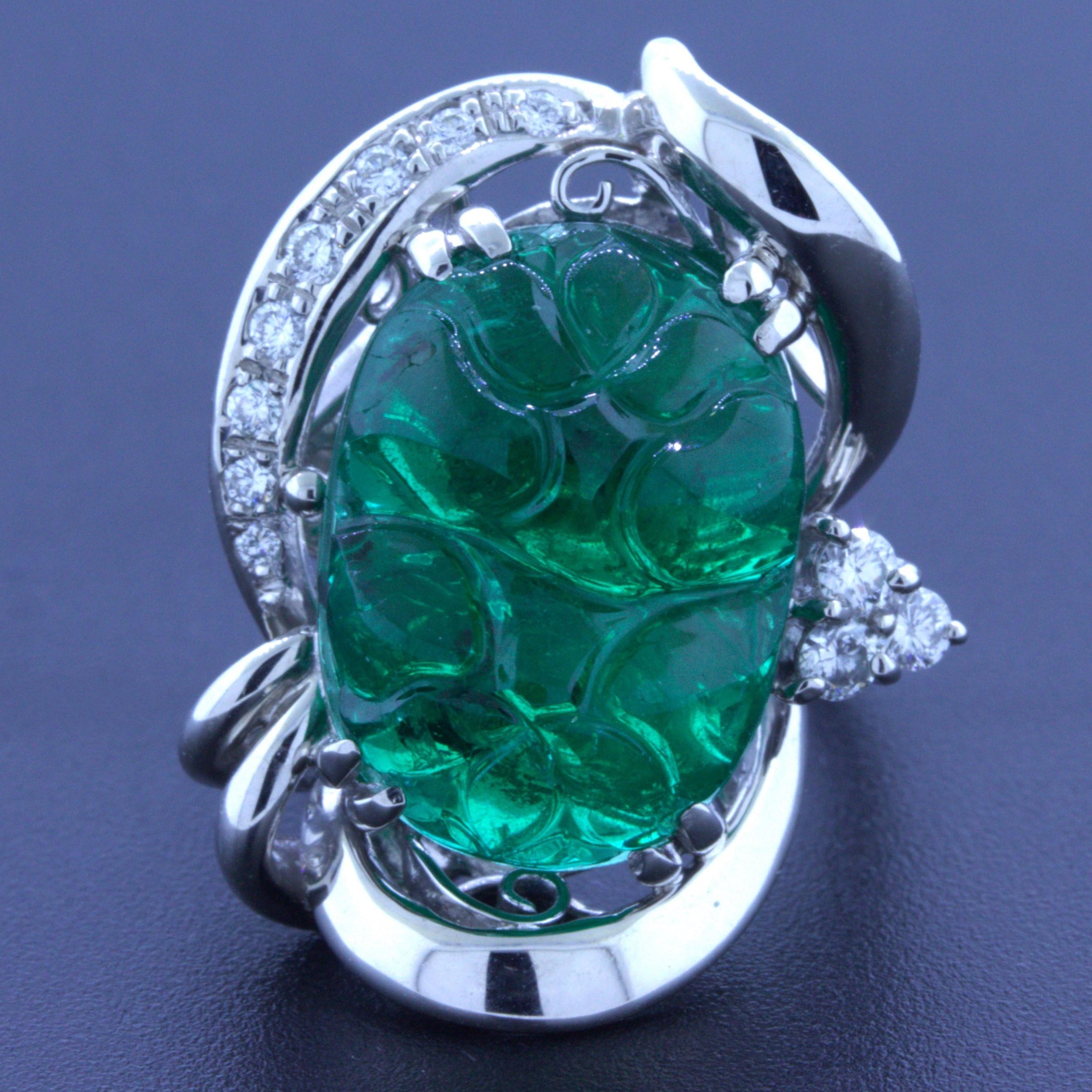 10.23 Carat Fine Carved Emerald Diamond Platinum Ring