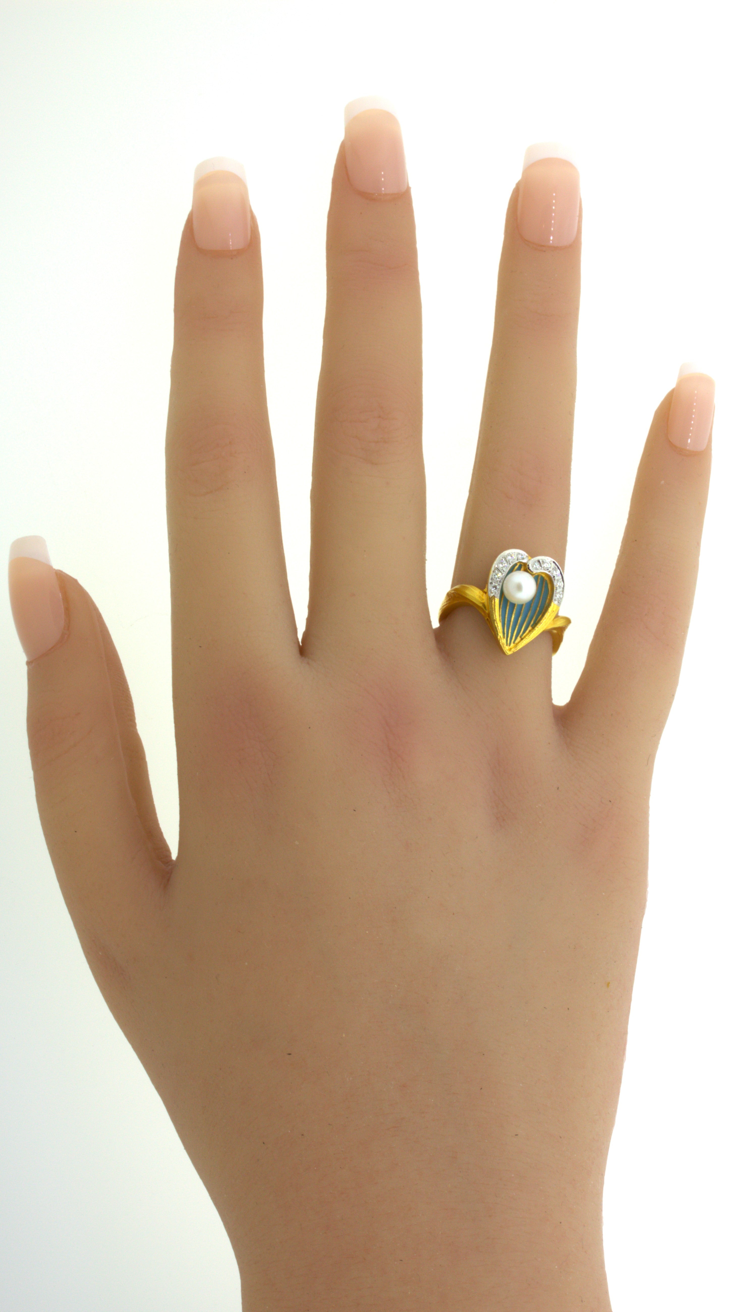 Masriera Diamond Pliqué-a-Jour Enamel Pearl 18K Yellow Gold Ring