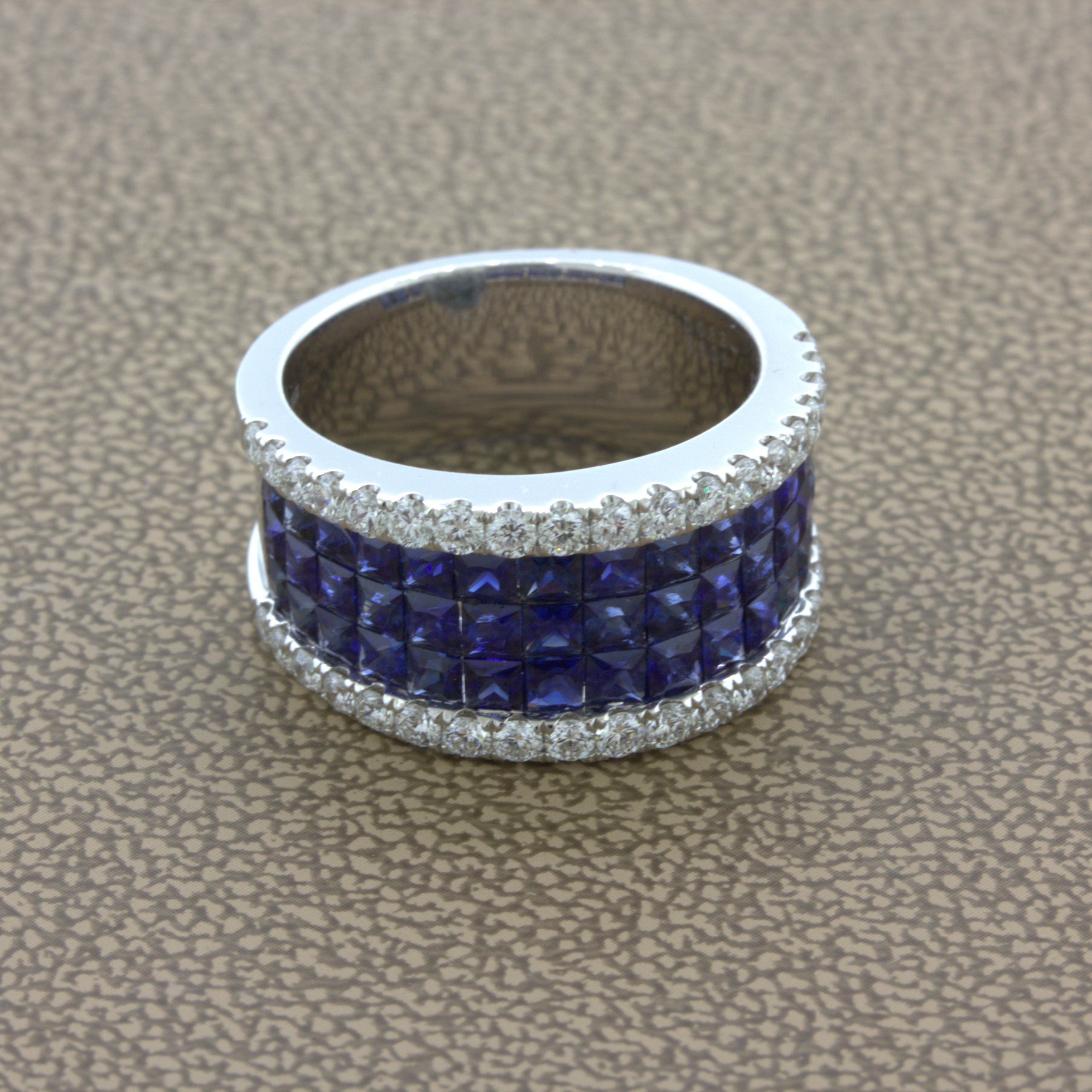 Blue-Sapphire Diamond 18k White Gold Band Ring