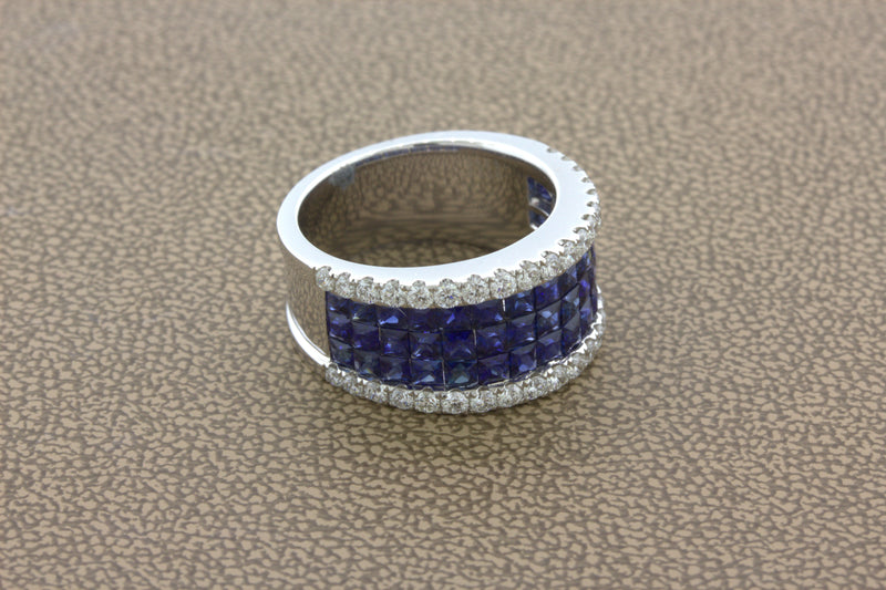 Blue-Sapphire Diamond 18k White Gold Band Ring