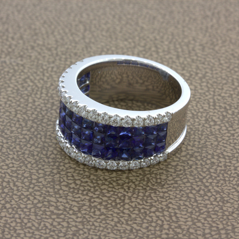 Blue-Sapphire Diamond 18k White Gold Band Ring