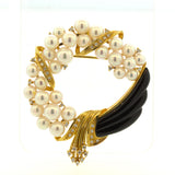 Akoya Pearl Diamond Onyx 18k Yellow Gold Wreath Brooch