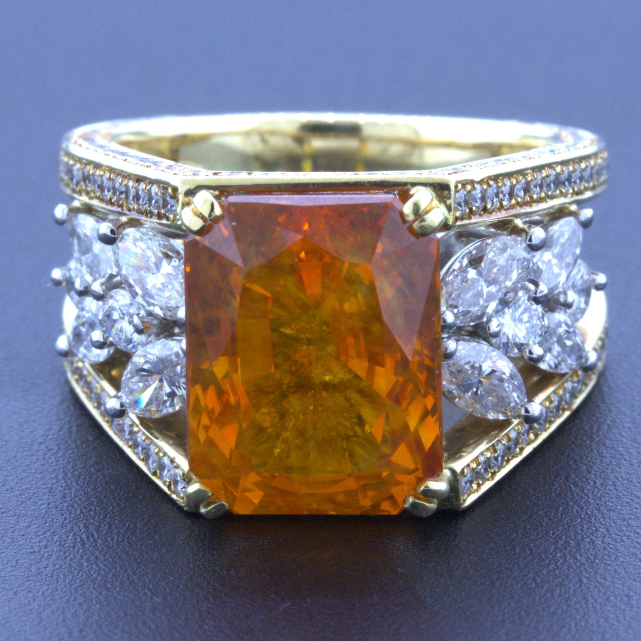 10.80 Carat Orange Sapphire Diamond Platinum & 18k Yellow Gold Ring