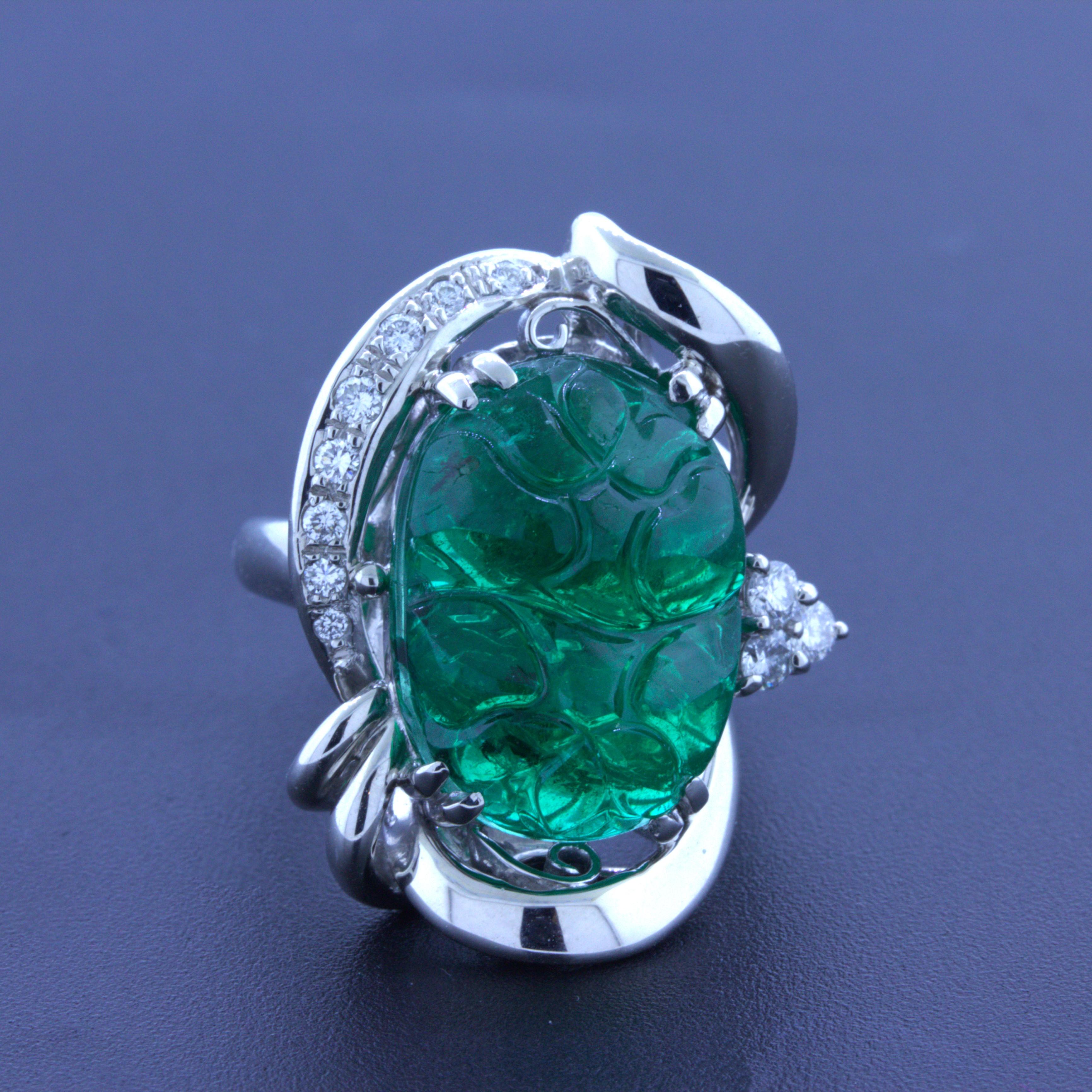 10.23 Carat Fine Carved Emerald Diamond Platinum Ring