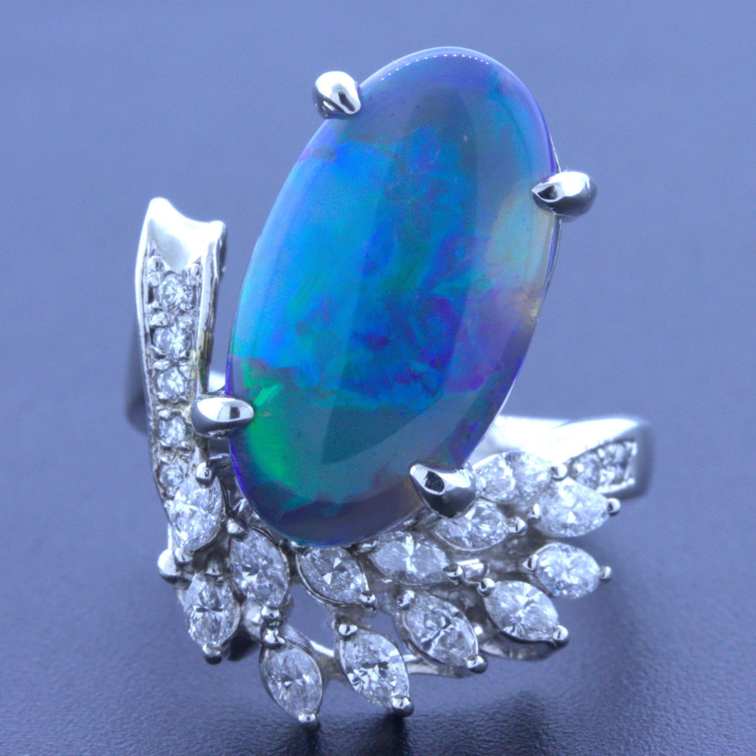 4.60 Carat Australian Black Opal Diamond Platinum Ring