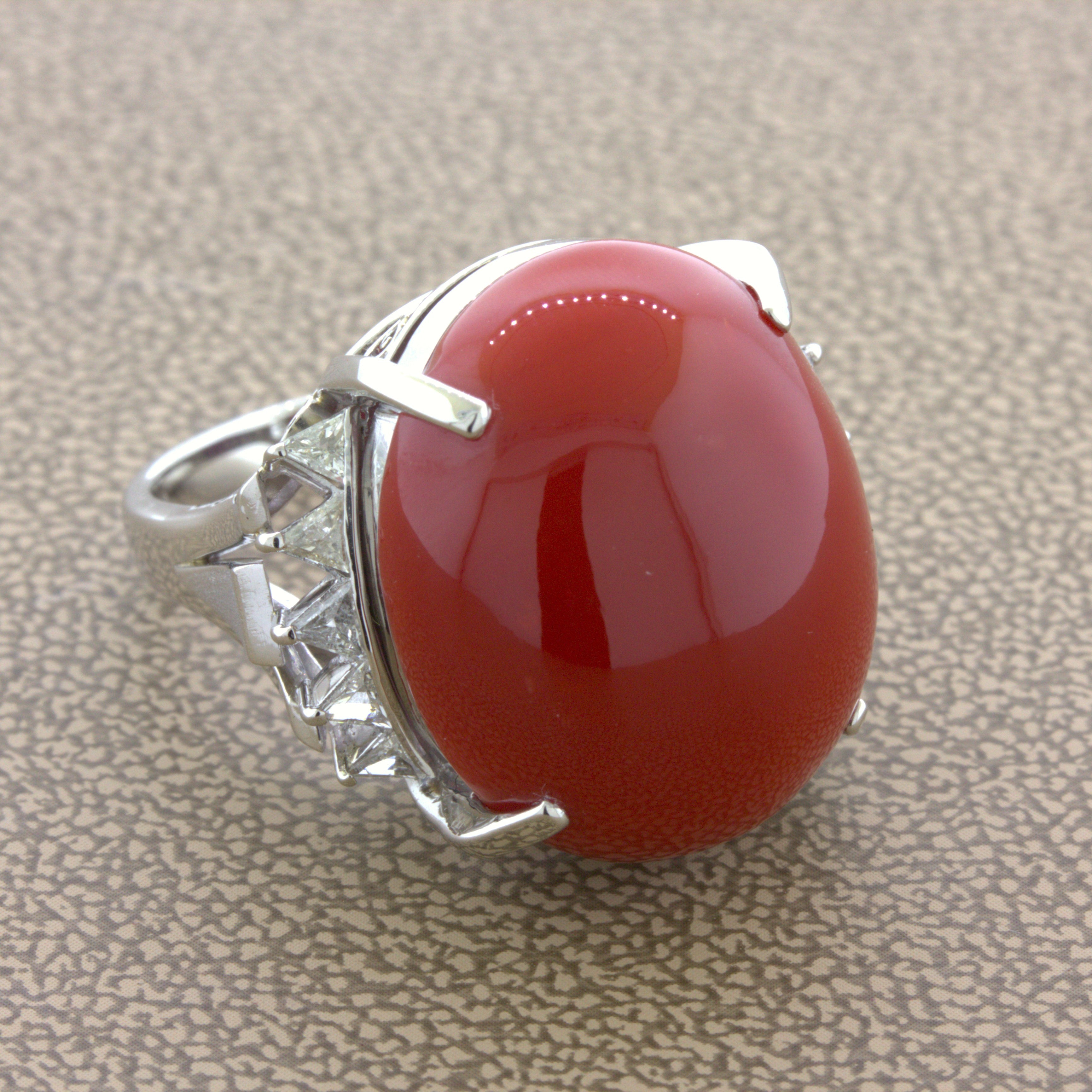 Red Coral Diamond Platinum Cocktail Ring