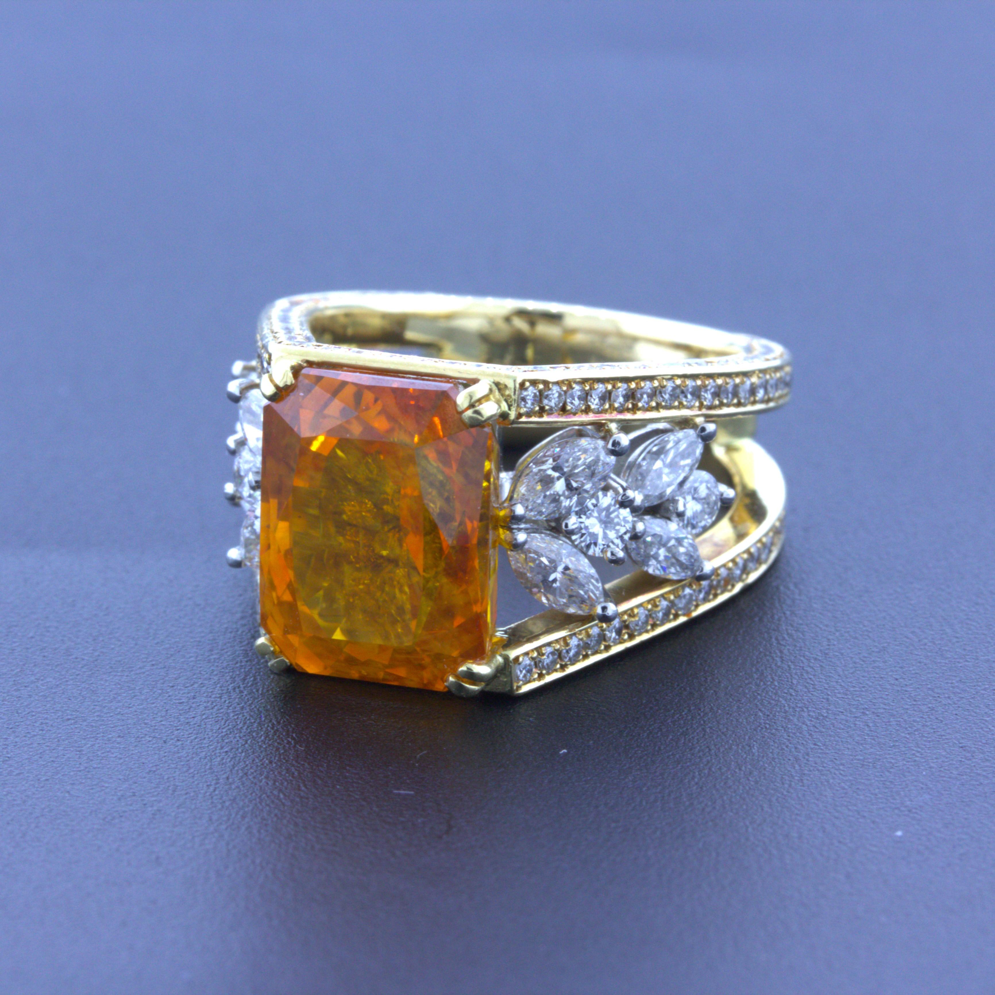 10.80 Carat Orange Sapphire Diamond Platinum & 18k Yellow Gold Ring