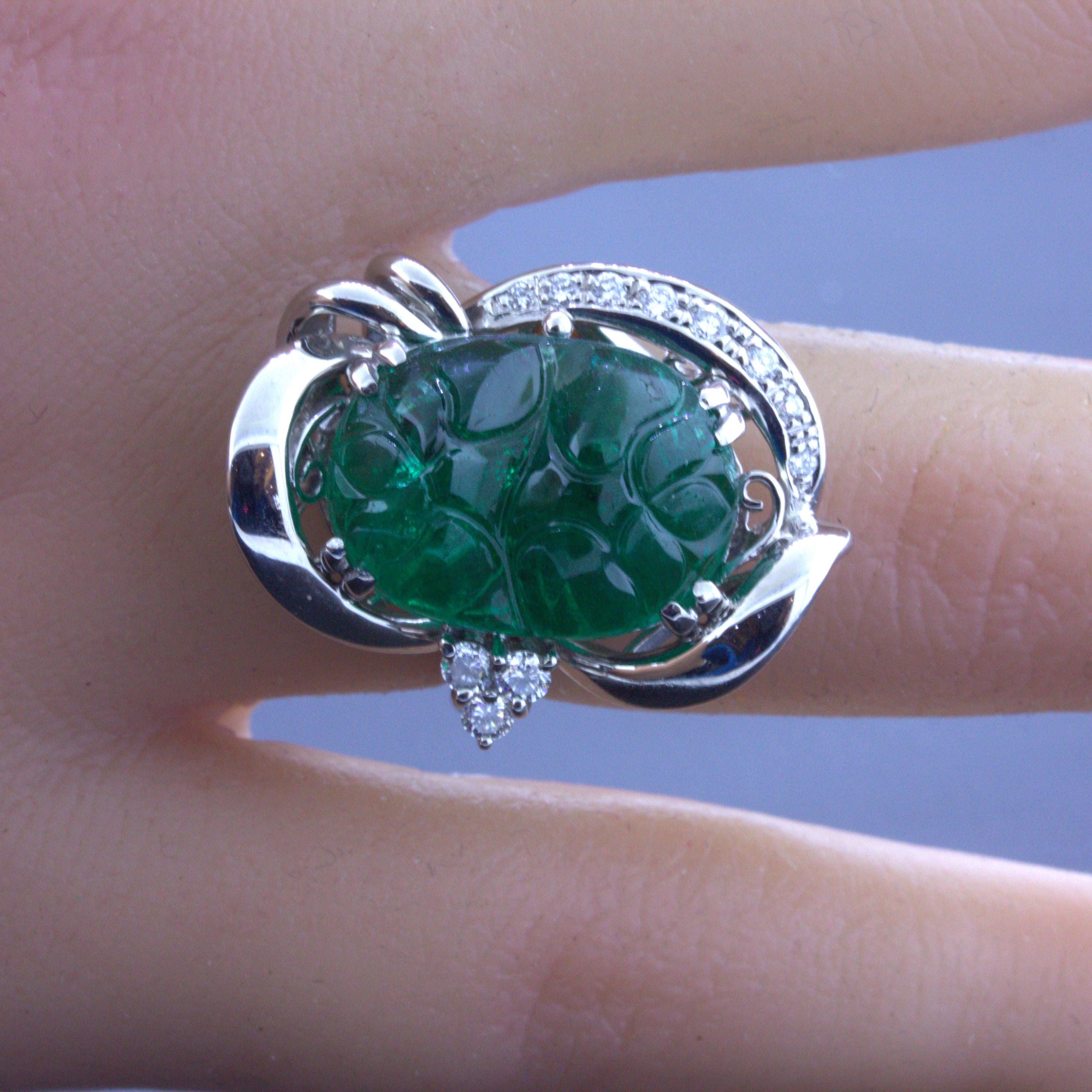 10.23 Carat Fine Carved Emerald Diamond Platinum Ring