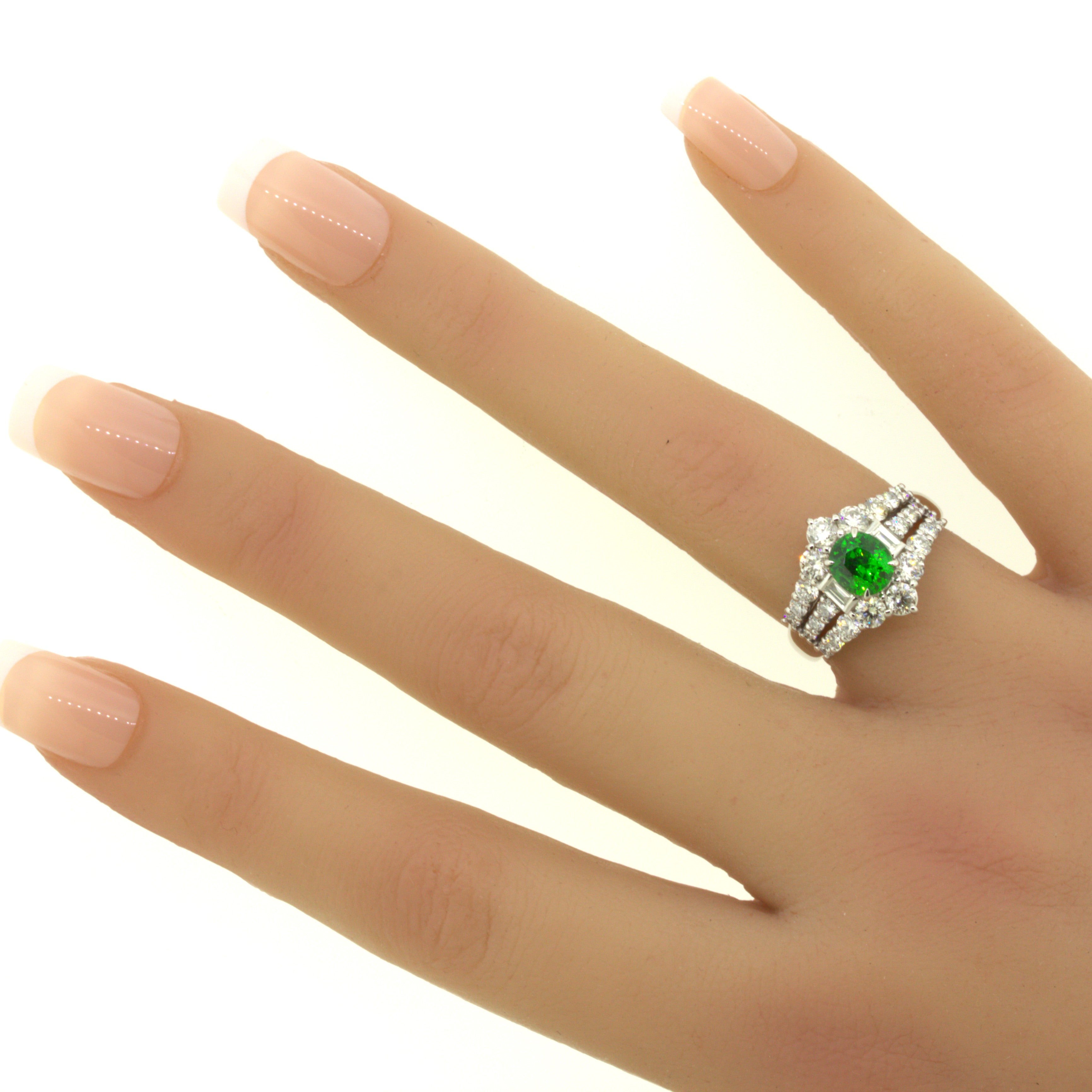 1.22 Carat Russian Demantoid Garnet Diamond Platinum Ring, AGL Certified