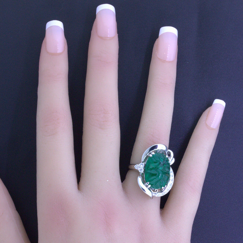 10.23 Carat Fine Carved Emerald Diamond Platinum Ring