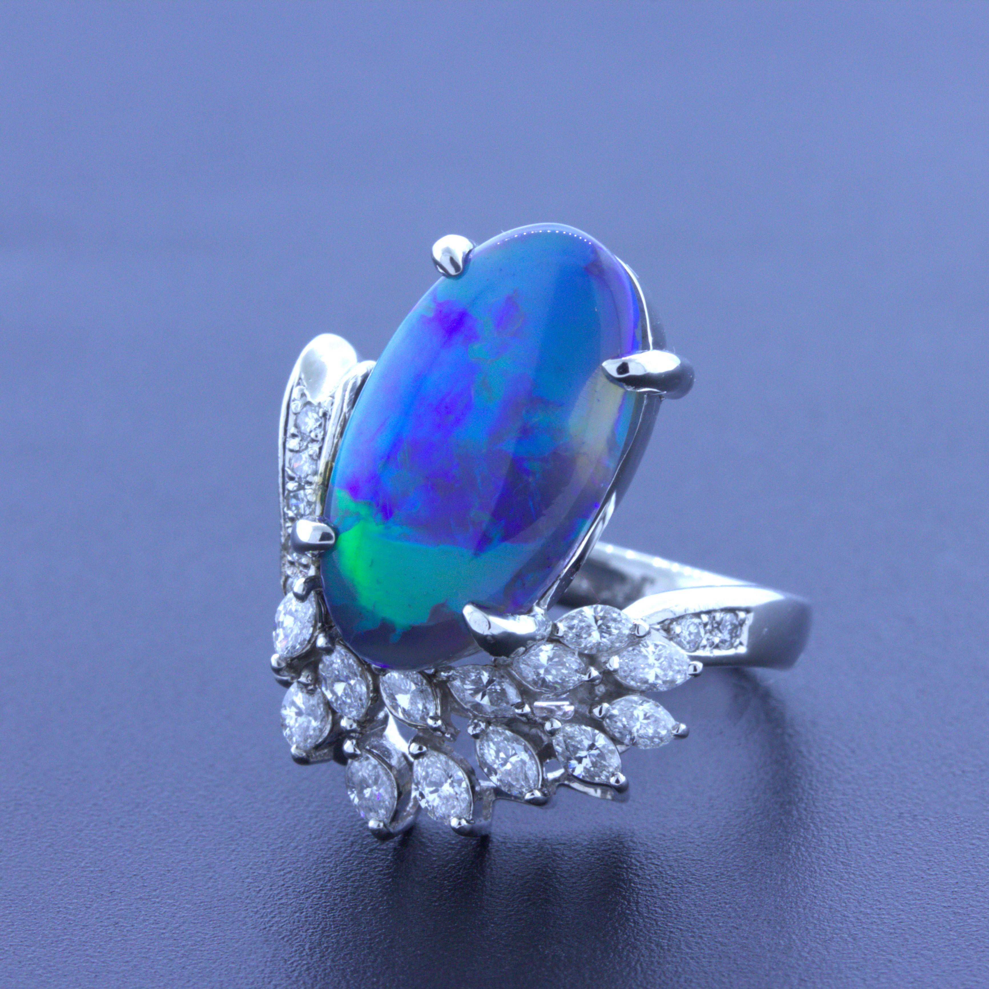 4.60 Carat Australian Black Opal Diamond Platinum Ring