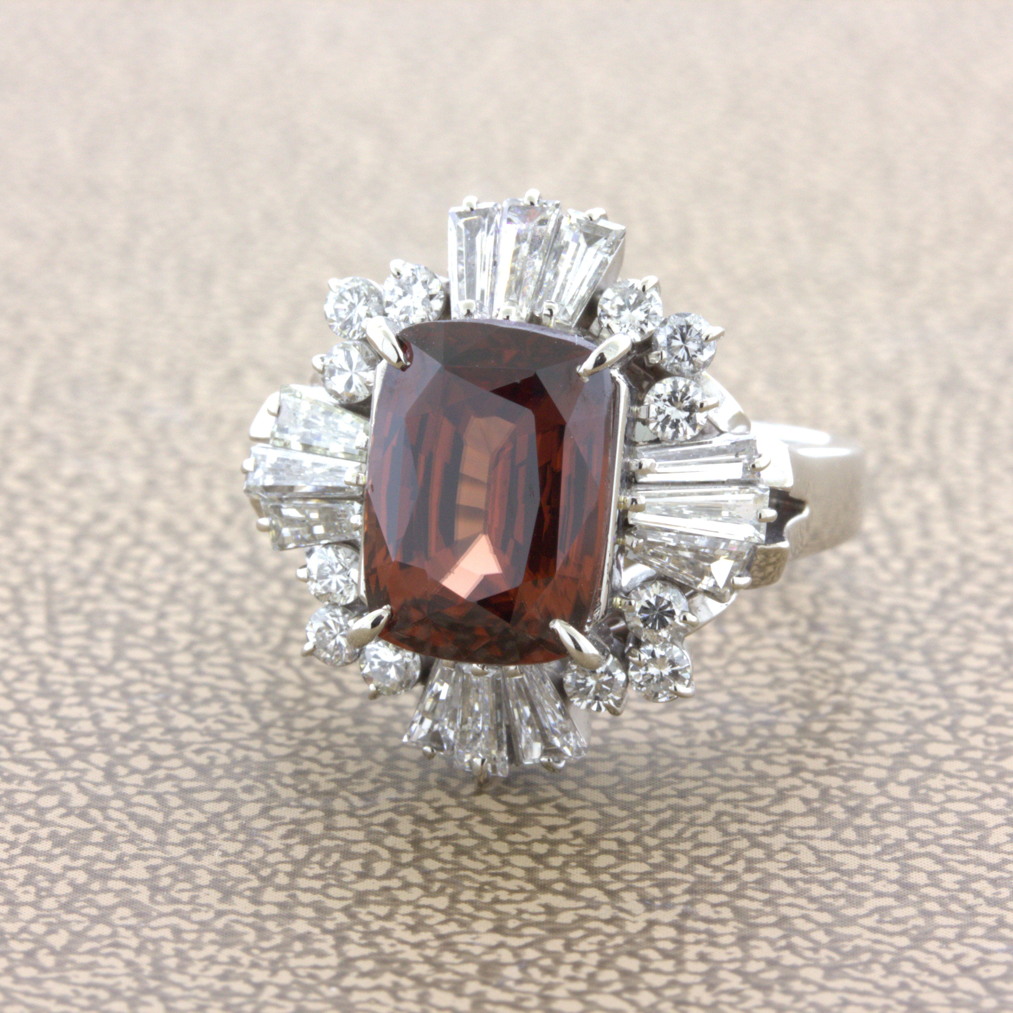 Orange Zircon Diamond Platinum Ring