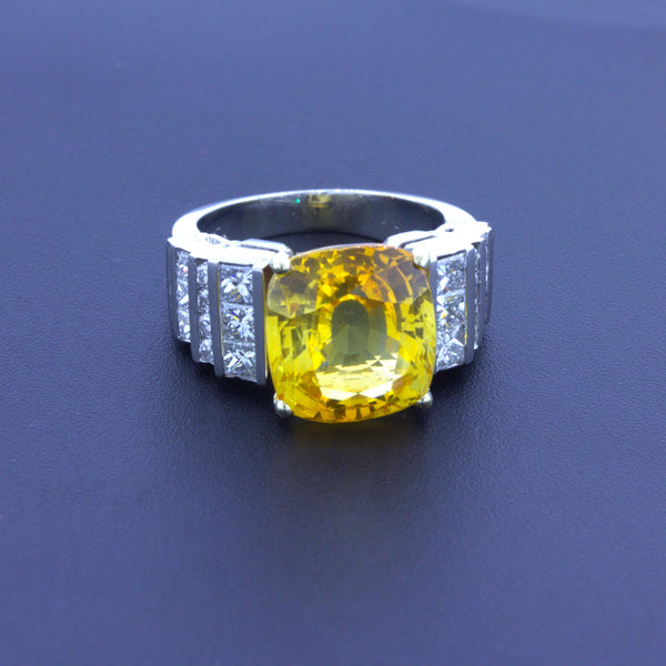9.41 Carat Yellow Sapphire Diamond Platinum Ring, GIA Certified