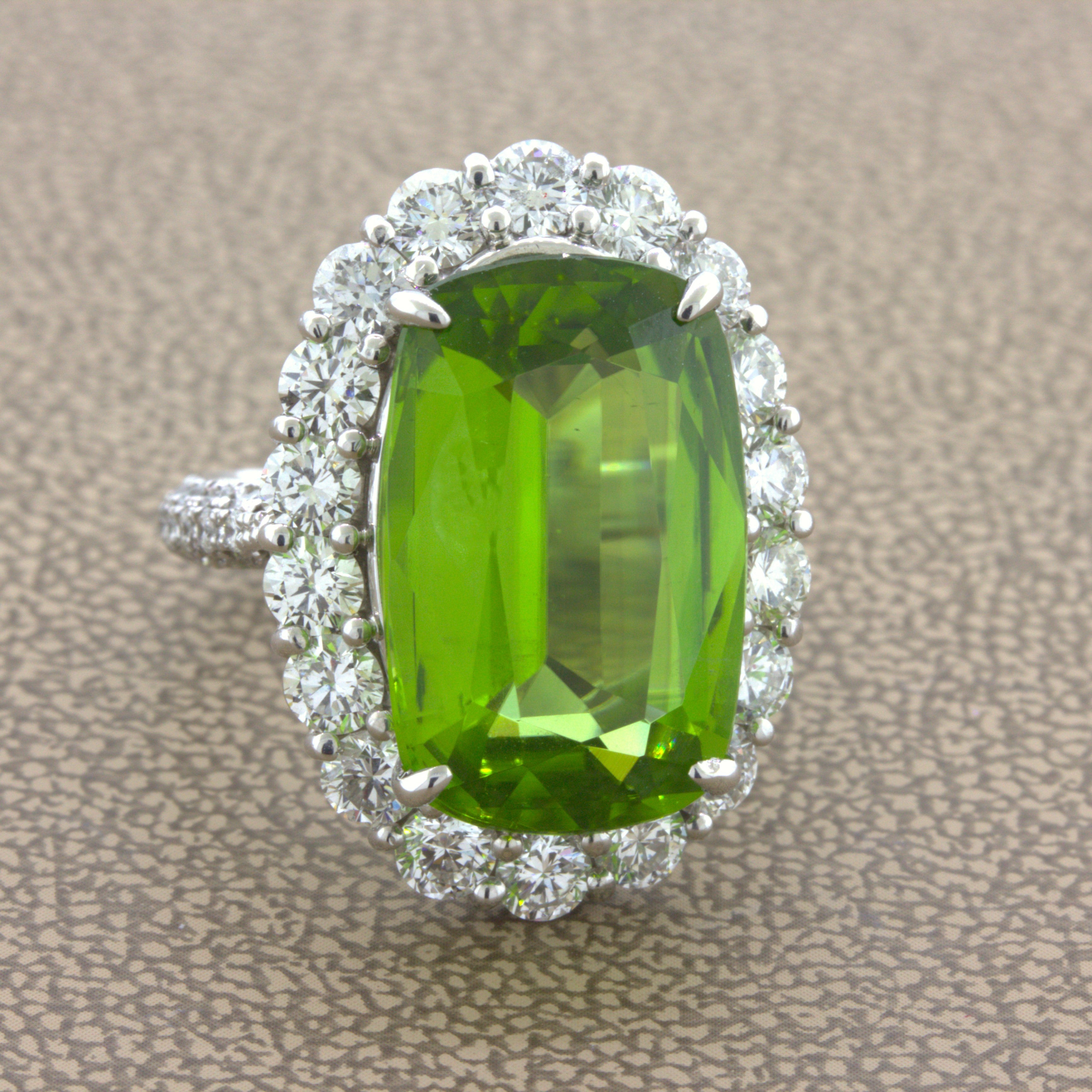 11.52 Carat Peridot Diamond Halo Platinum Ring