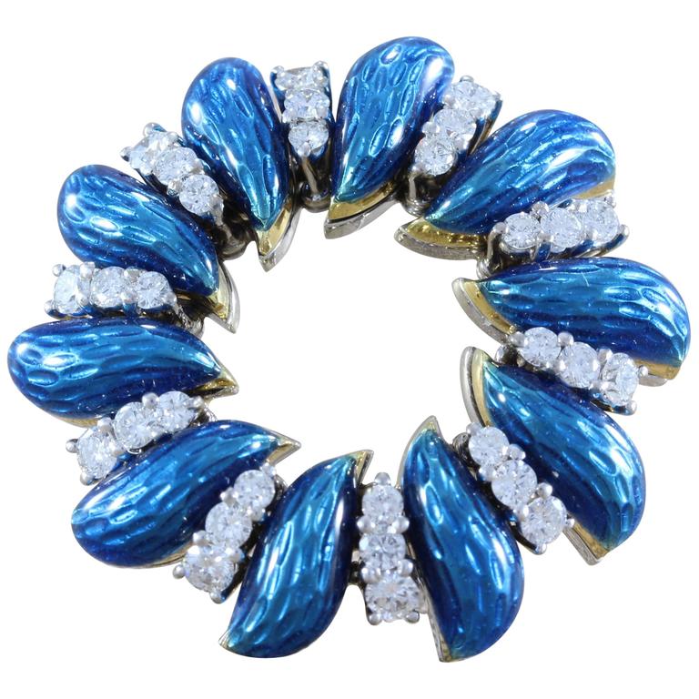 Tiffany & Co. Italian Diamond Enamel Wreath Gold Brooch