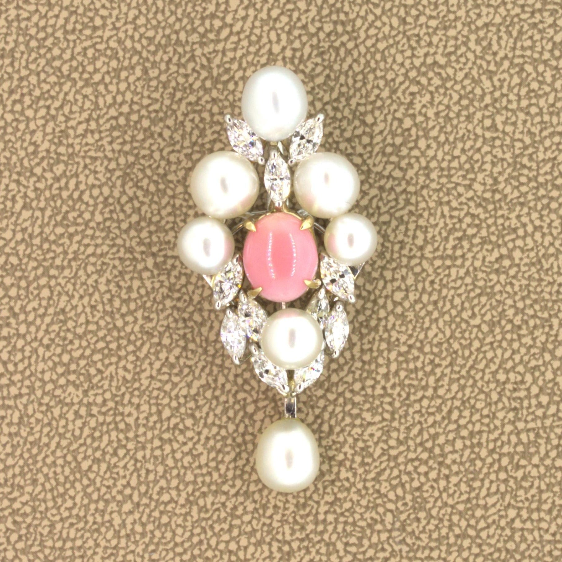 Conch Pearl Diamond Platinum Drop Pendant