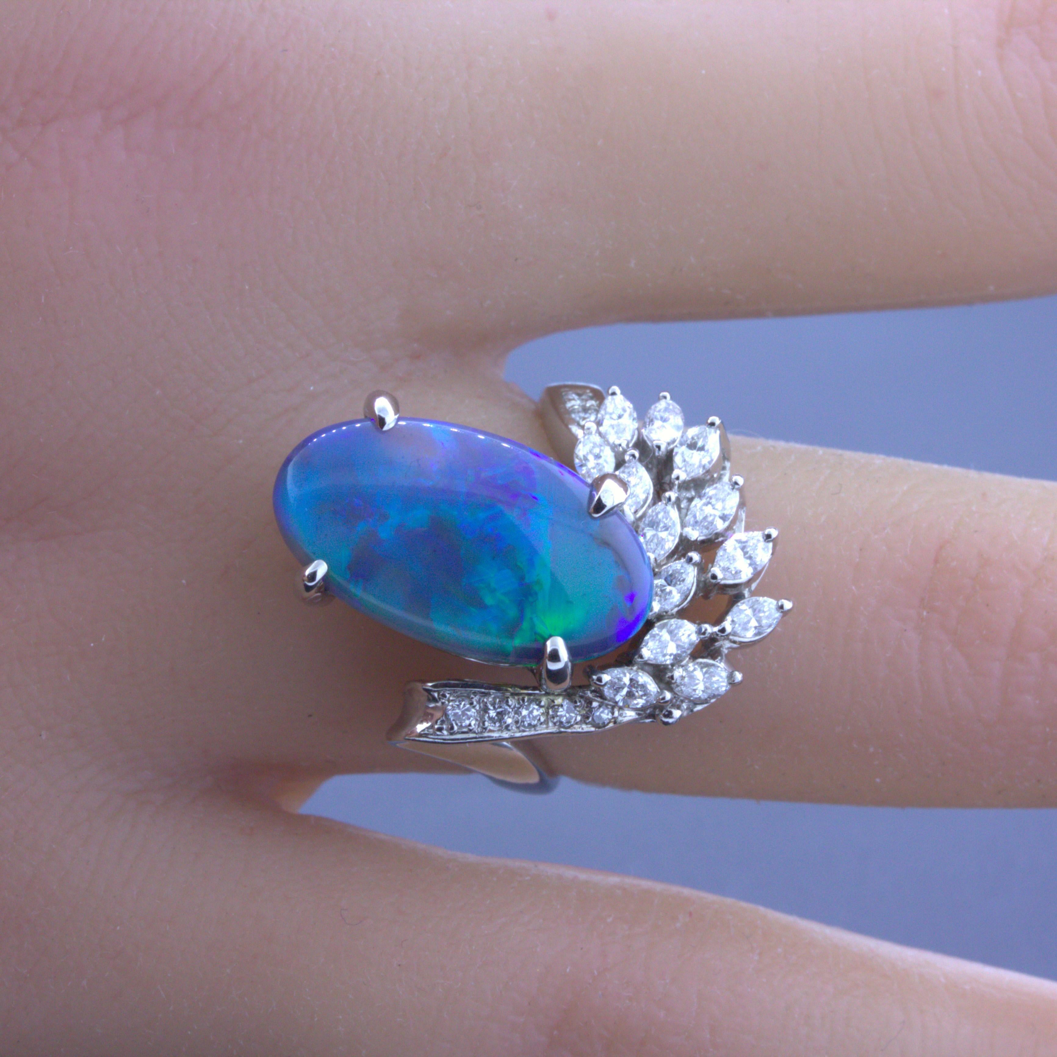 4.60 Carat Australian Black Opal Diamond Platinum Ring